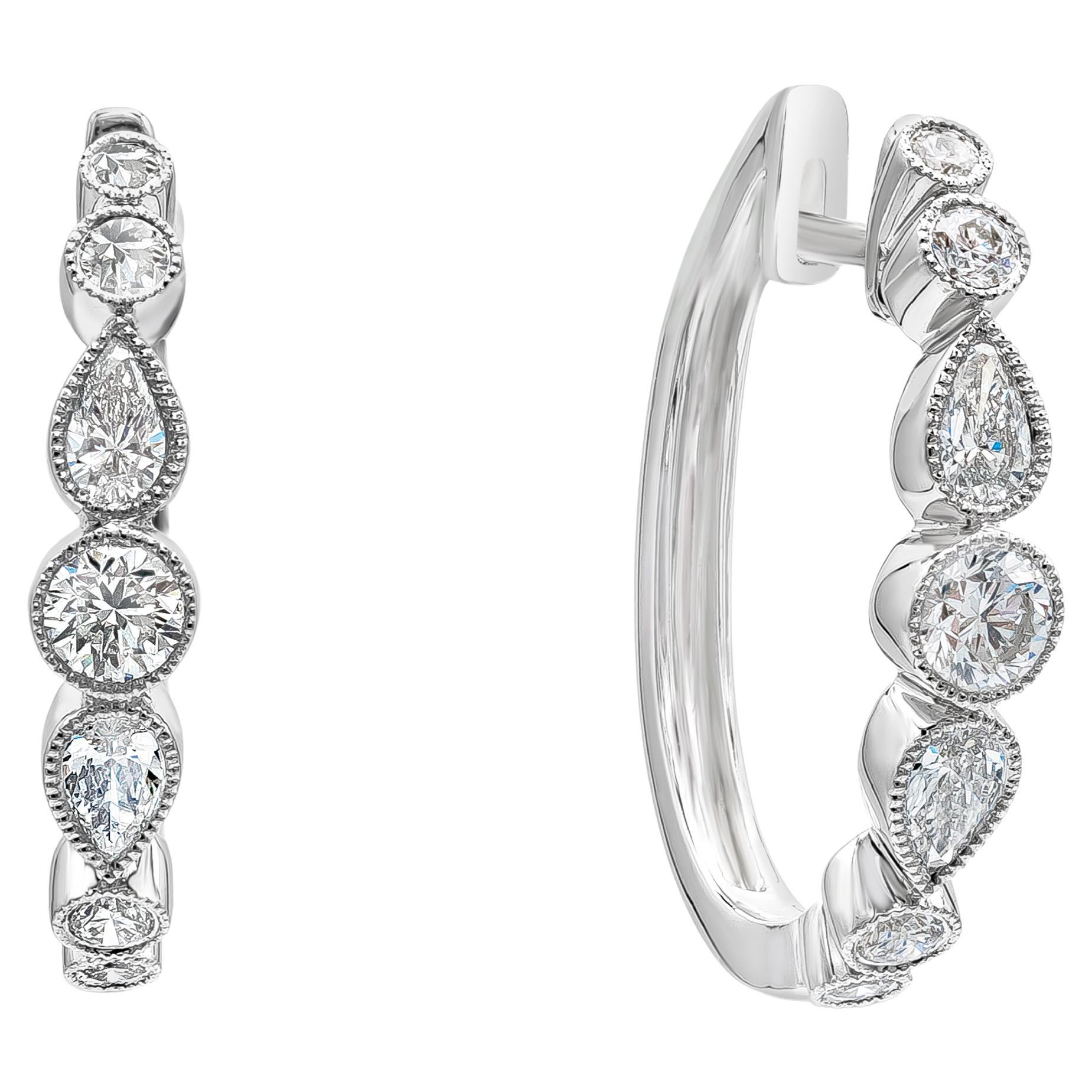 Roman Malakov 0.78 Carats Total Pear and Round Diamond Hoop Earrings For Sale