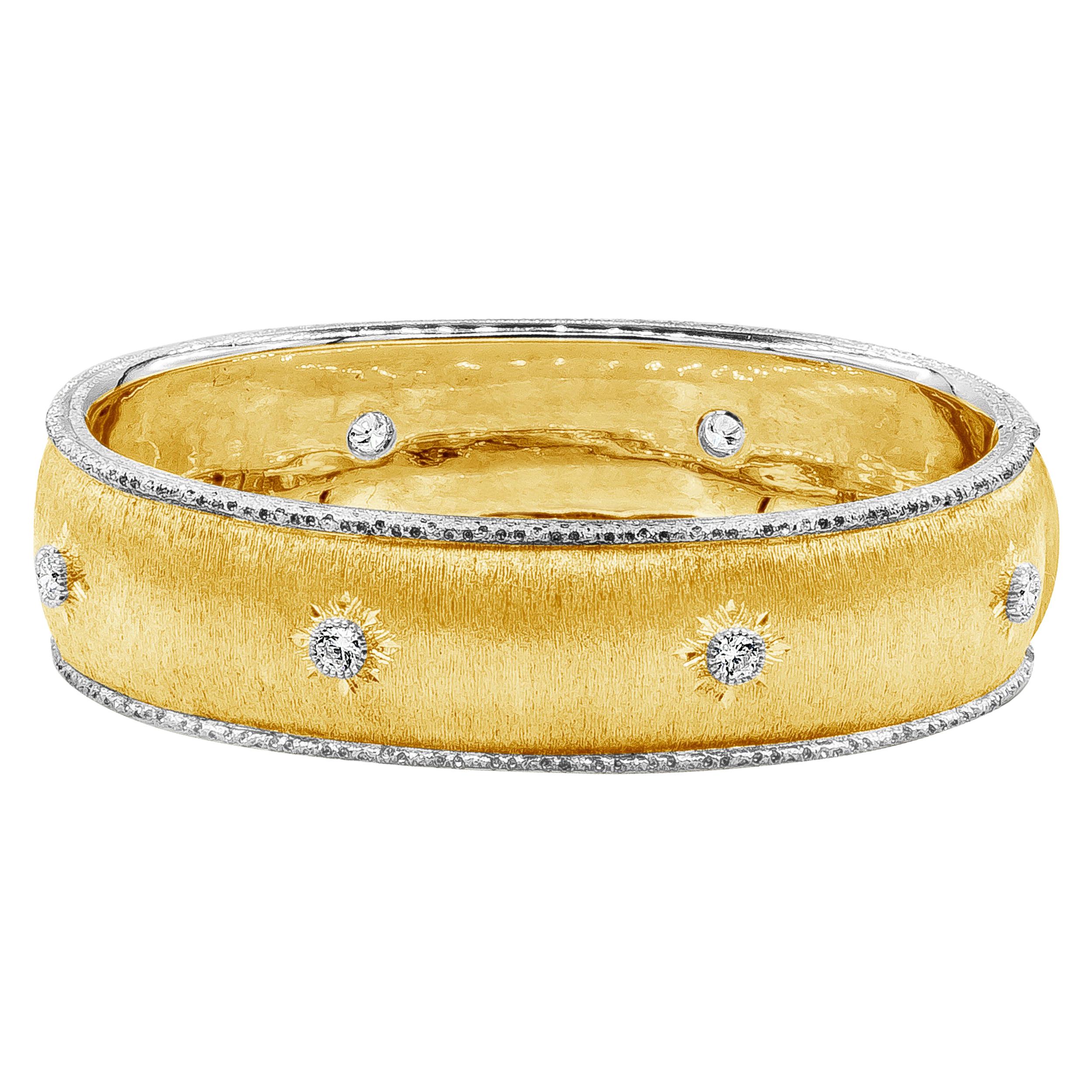 Roman Malakov 1.00Carats Total Round Diamond Brushed Yellow Gold Bangle Bracelet For Sale