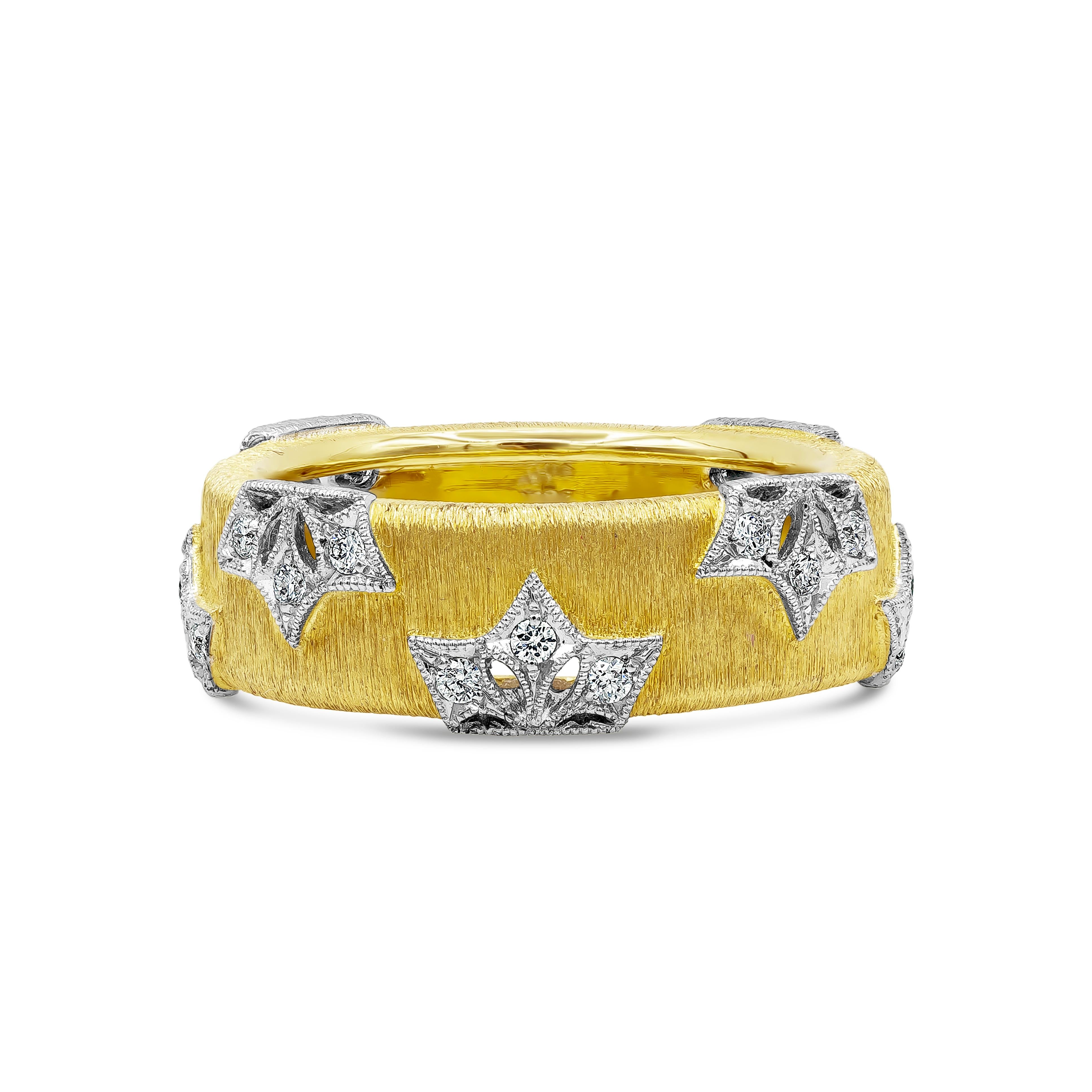 An enticing fashion ring showcasing a brushed and domed yellow gold finish accented with a crown design made in white gold. Crown is accented with round brilliant diamonds. Diamonds weigh 0.25 carats total and are approximately F color, VS clarity.