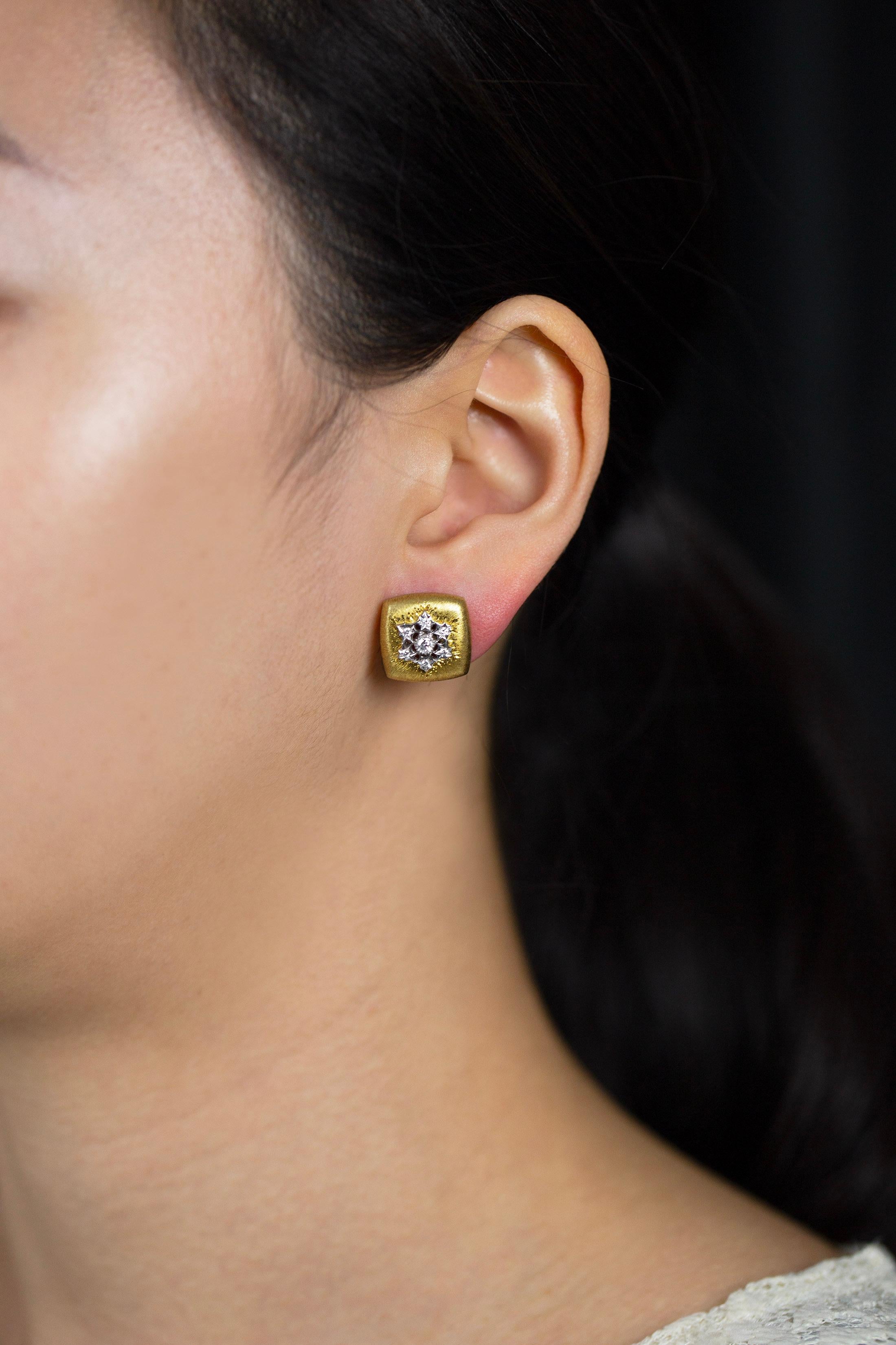 Contemporary 0.23 Carats Total Round Diamond Brushed Yellow Gold Cushion Button Stud Earrings
