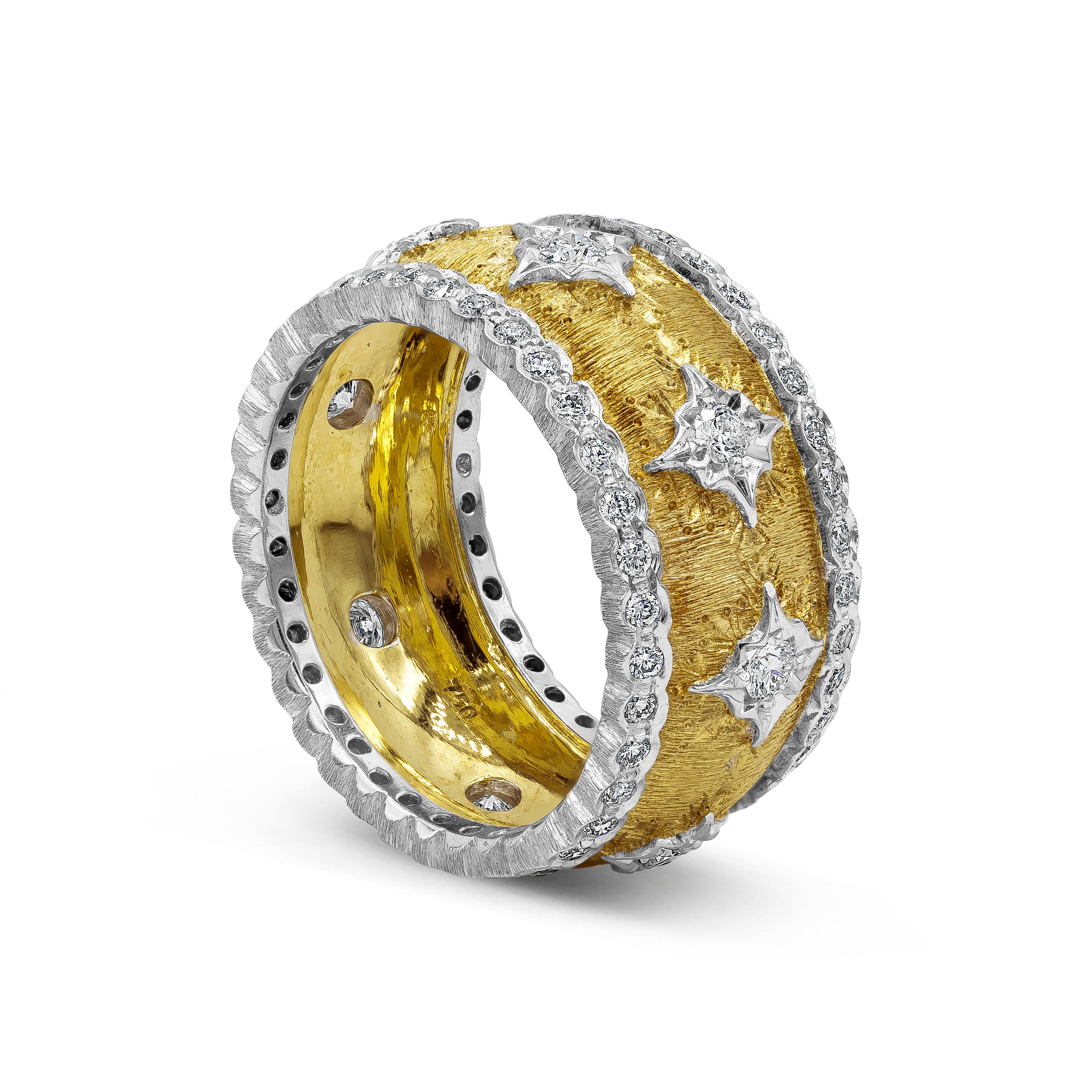A fashionable fashion ring showcasing a brushed and domed yellow gold finish accented with round brilliant diamonds set in a starburst design made in white gold. More round diamonds bezel set on the edges of the ring. Diamonds weigh 0.76 carats