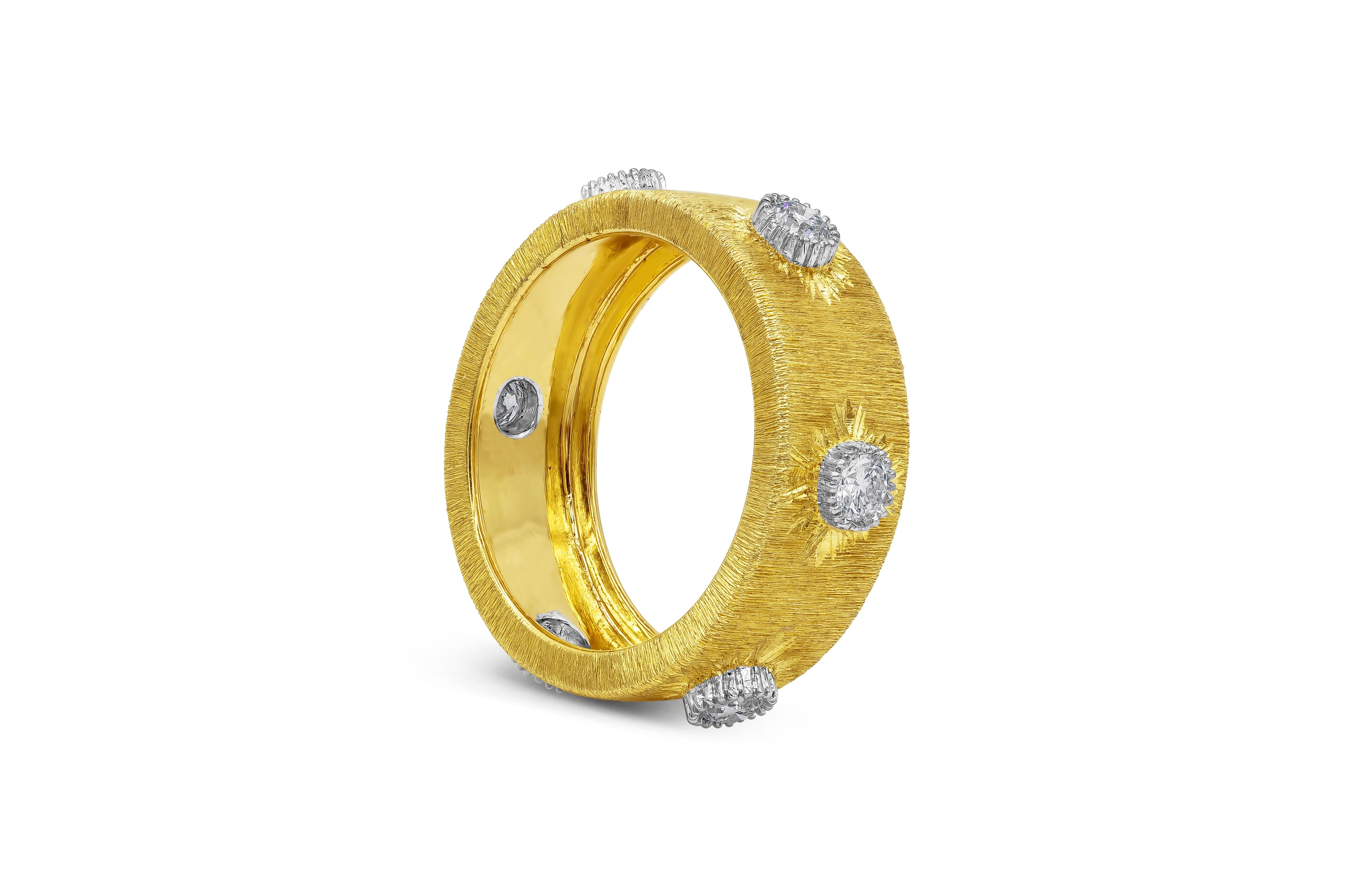 A beautiful and refined antique look fashion ring showcasing a brushed and domed yellow gold finish accented with a starburst design made in white gold. Design is accented with round brilliant diamonds. Diamonds weigh 0.60 carats total, F Color and