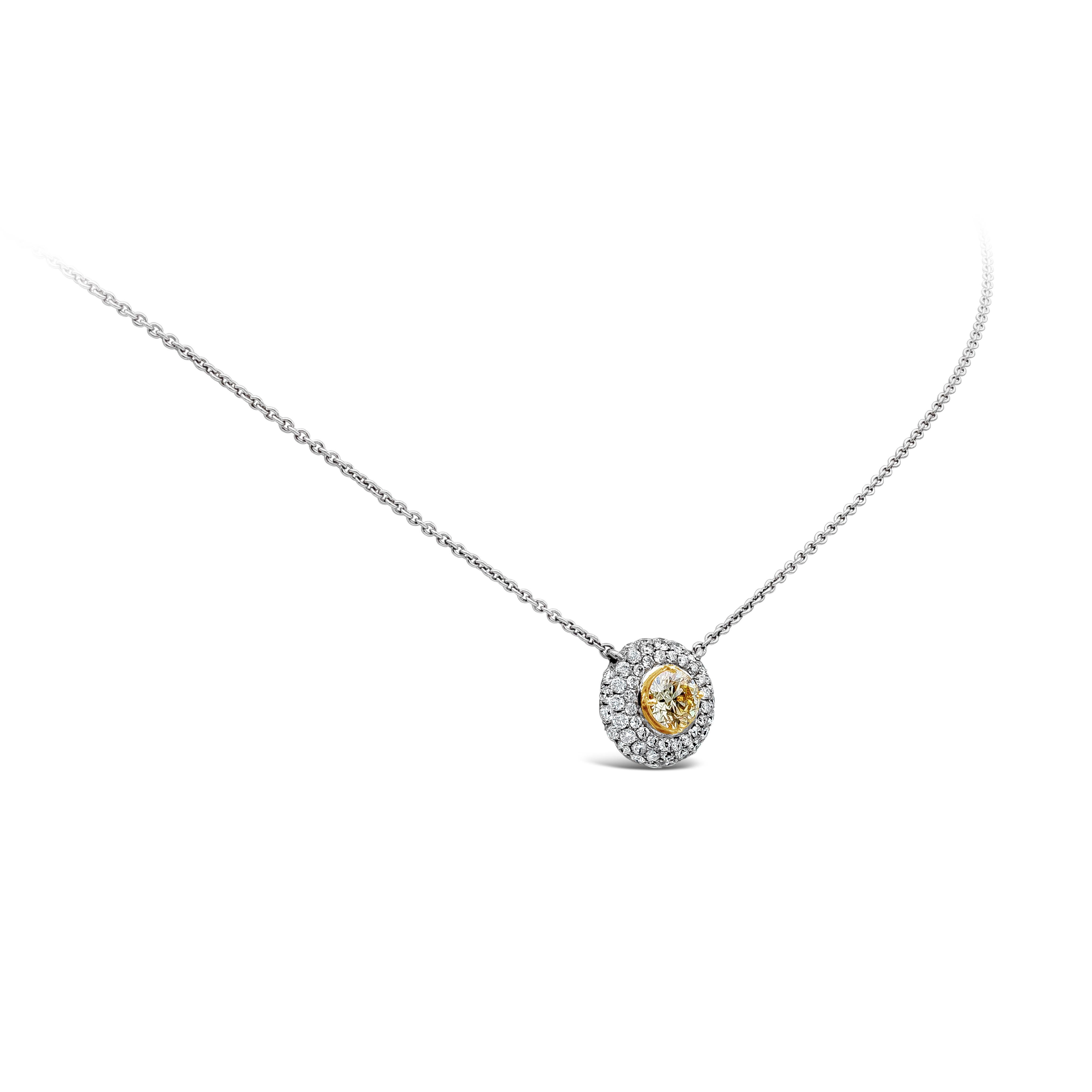 Contemporary Roman Malakov 0.42 Carats Round Fancy Yellow Diamond Halo Pendant Necklace For Sale