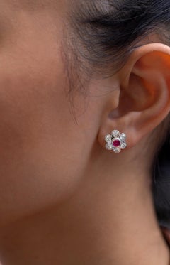 Roman Malakov 2.07 Carats Total Ruby and Diamond Flower Earrings in White Gold