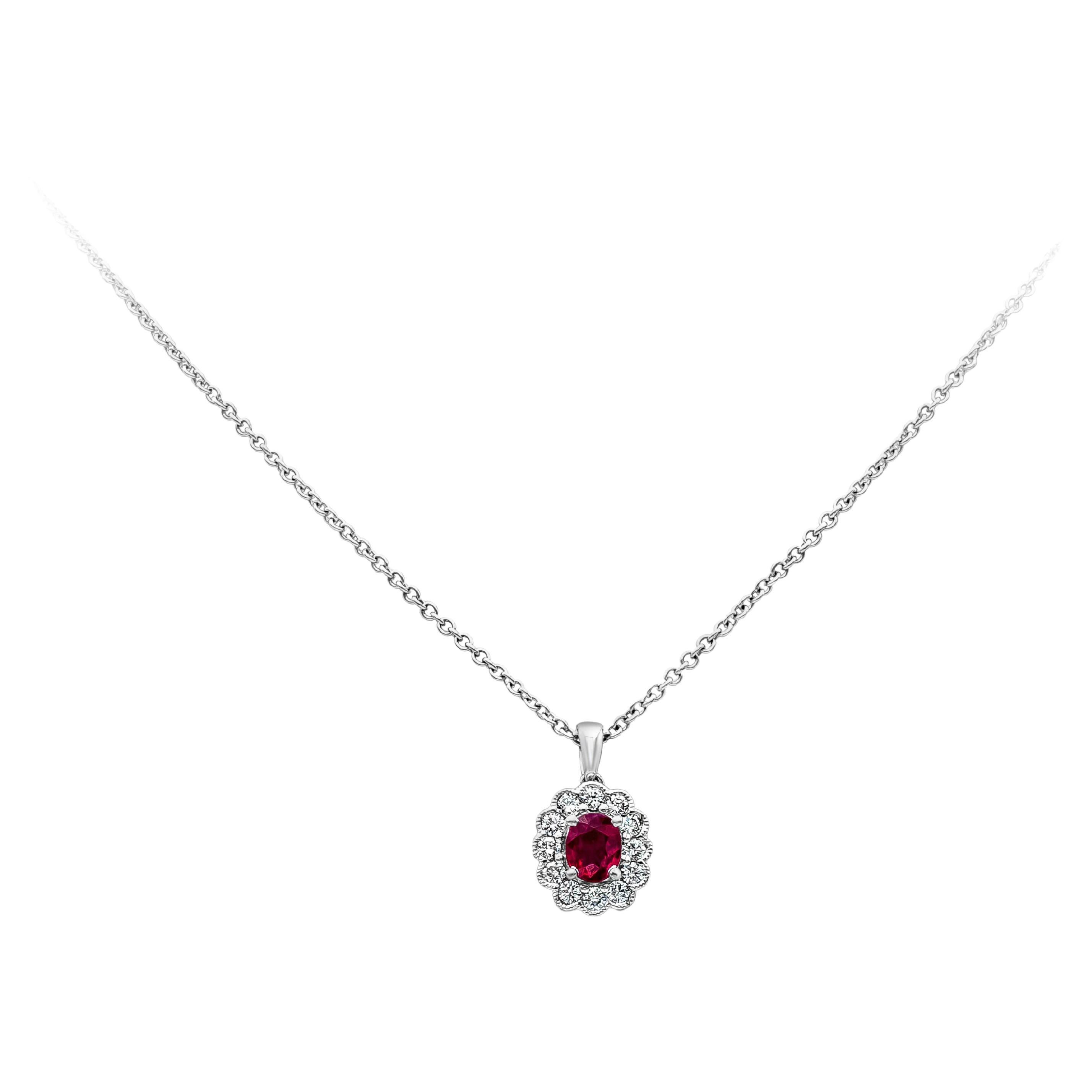 Roman Malakov 0.65 Carat Oval Cut Ruby and Diamond Halo Pendant Necklace
