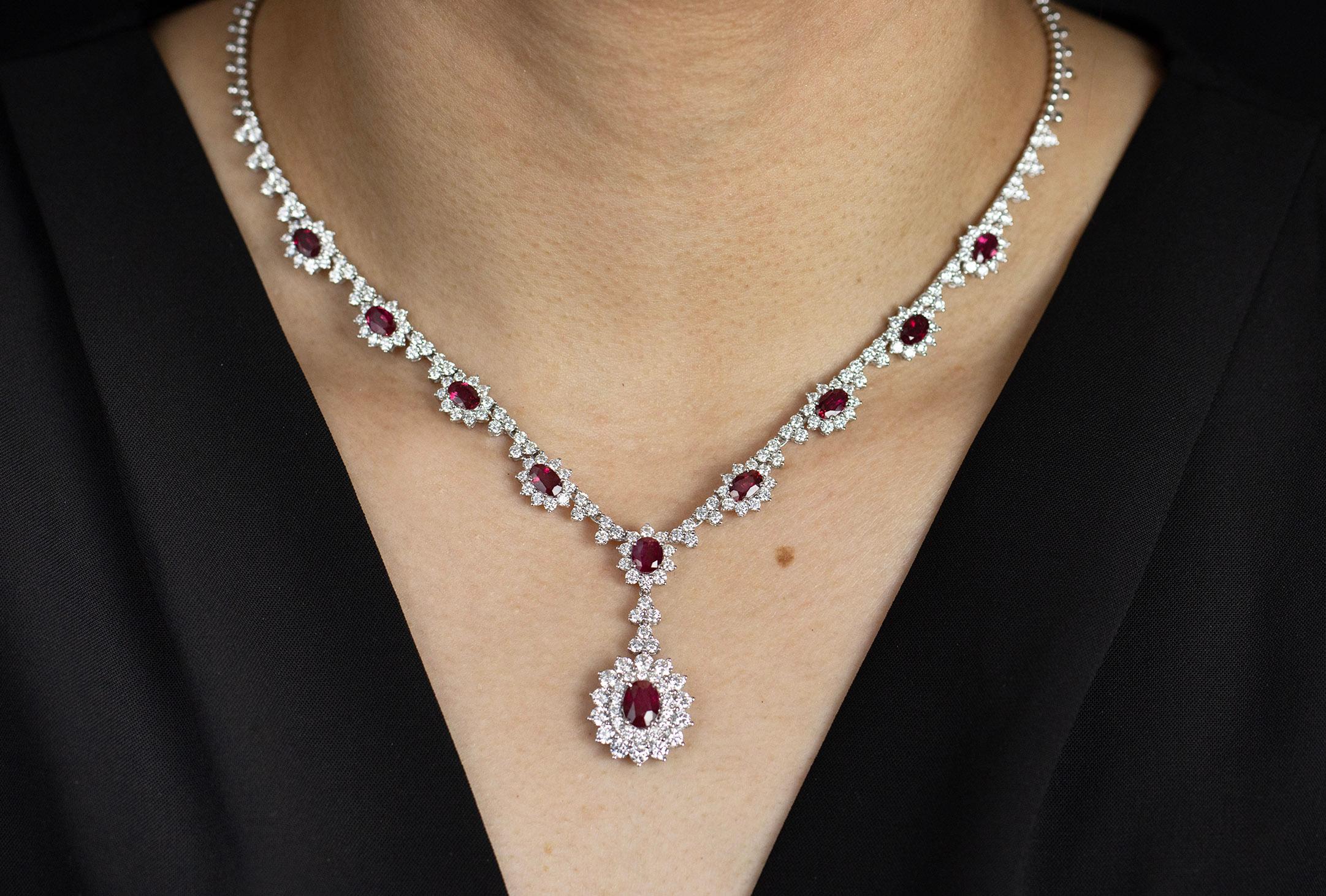 Roman Malakov 5.93 Carat Oval Cut Rubies with Diamond Halo Pendant Necklace In New Condition For Sale In New York, NY