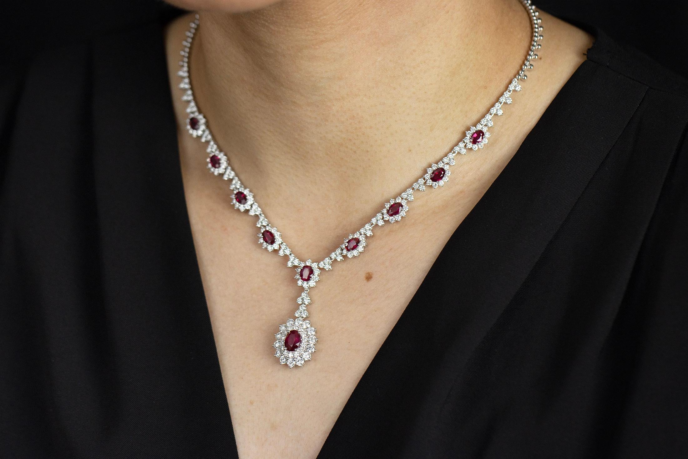Women's Roman Malakov 5.93 Carat Oval Cut Rubies with Diamond Halo Pendant Necklace For Sale