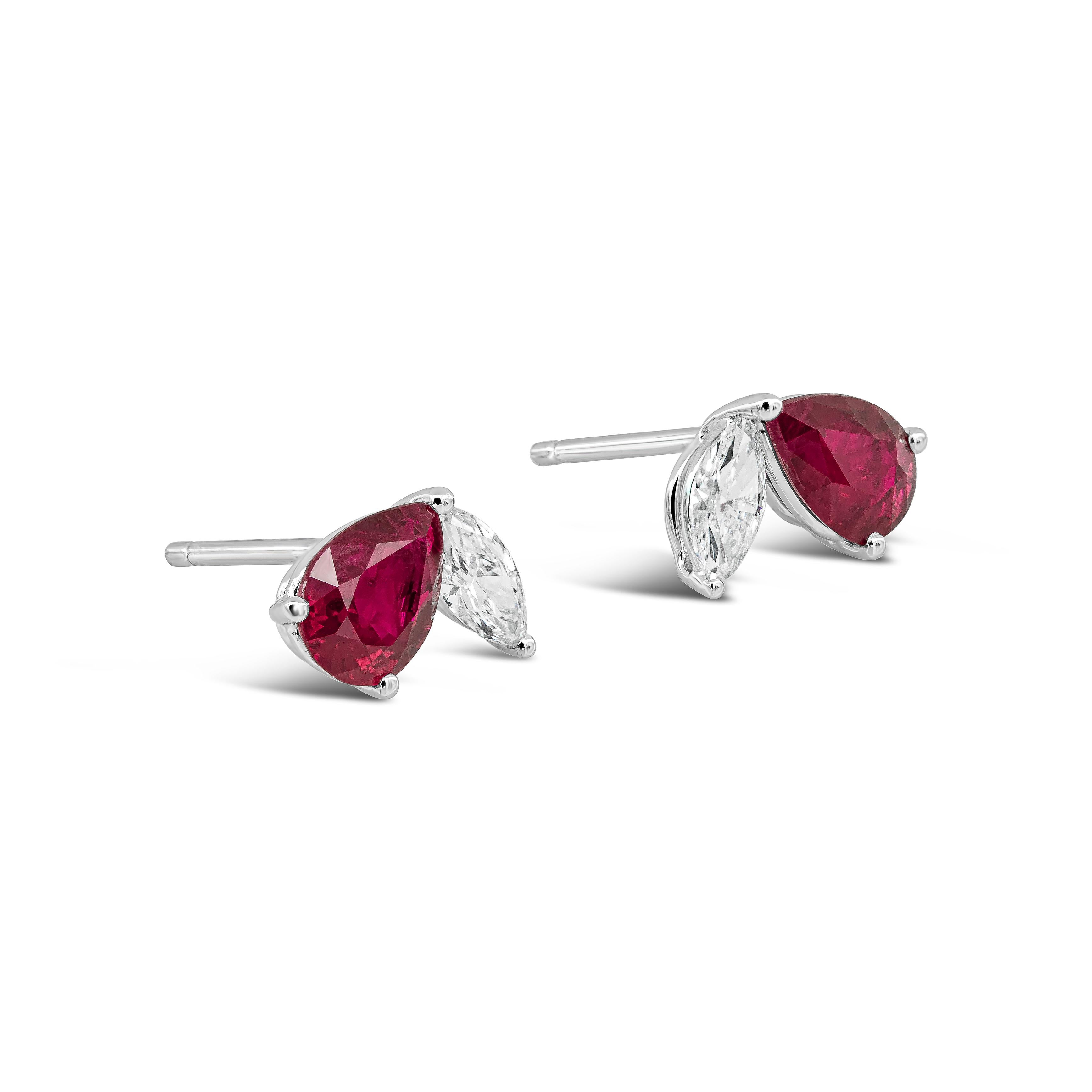 A chic pair of stud earrings perfect for everyday wear. Each earring features a pear shape ruby and diamond pear, set in 18 karat white gold. Rubies weigh 1.67 carats total; diamonds weigh 0.41 carats total.

Style available in different price