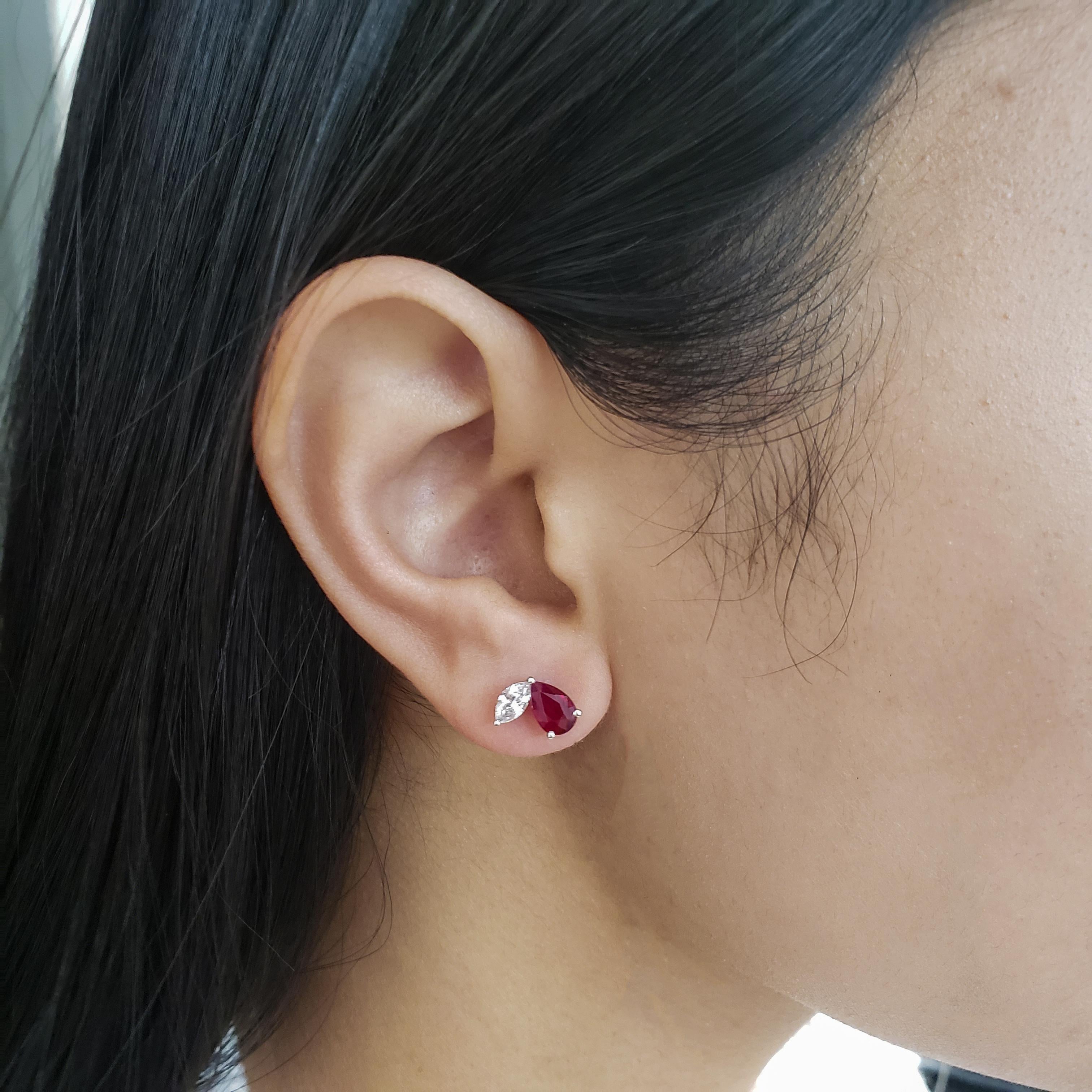 Pear Cut Roman Malakov Ruby and Diamond Stud Earrings