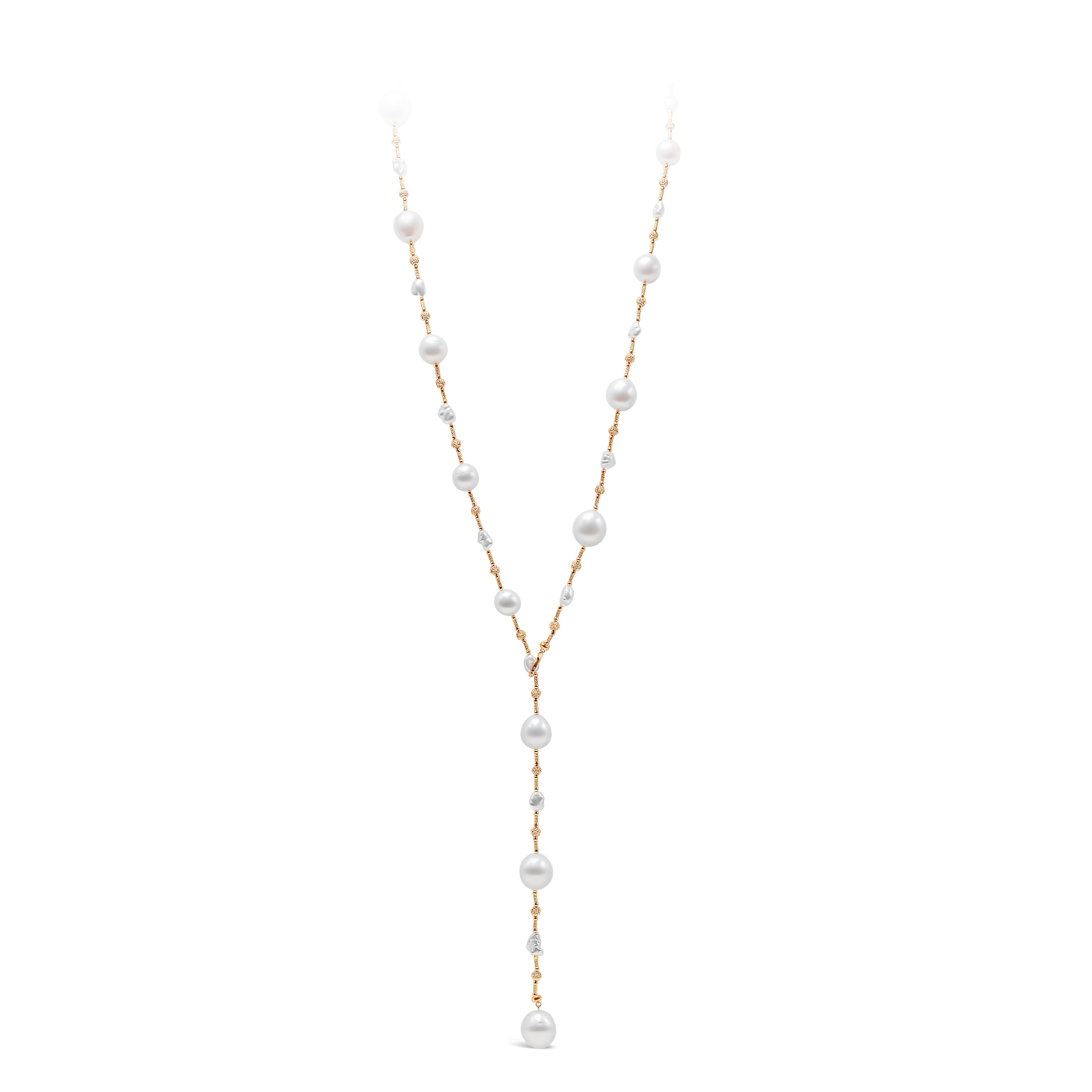 A very versatile necklace showcasing 11-14mm south sea pearls, spaced by 18k rose gold knots. 32 inches in length and can be used multiple ways as a necklace or bracelet. Made in 18k rose gold. A functional piece of jewelry that can be worn