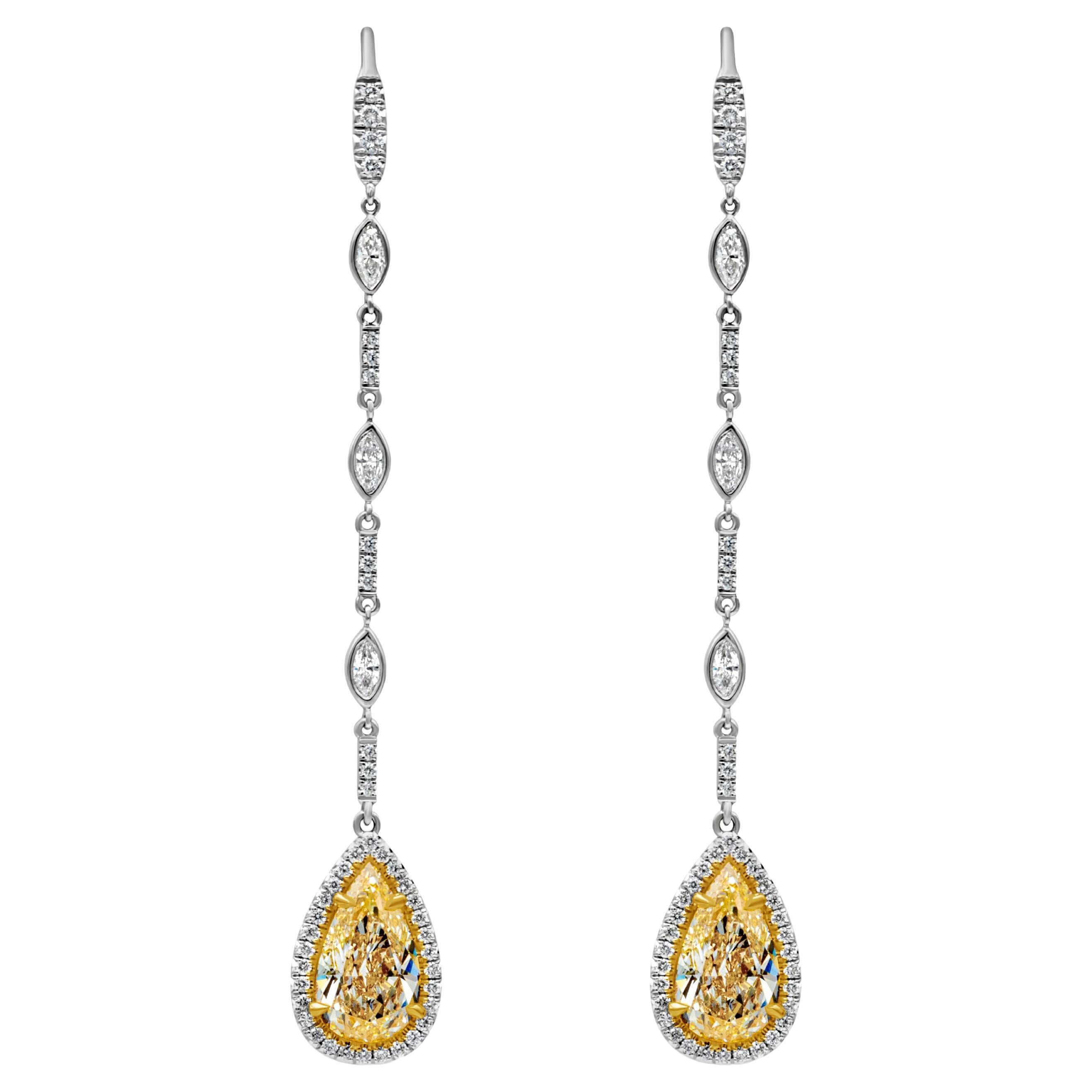 Roman Malakov 3.20 Carat Pear Shape Diamond Halo Dangle Earrings For Sale