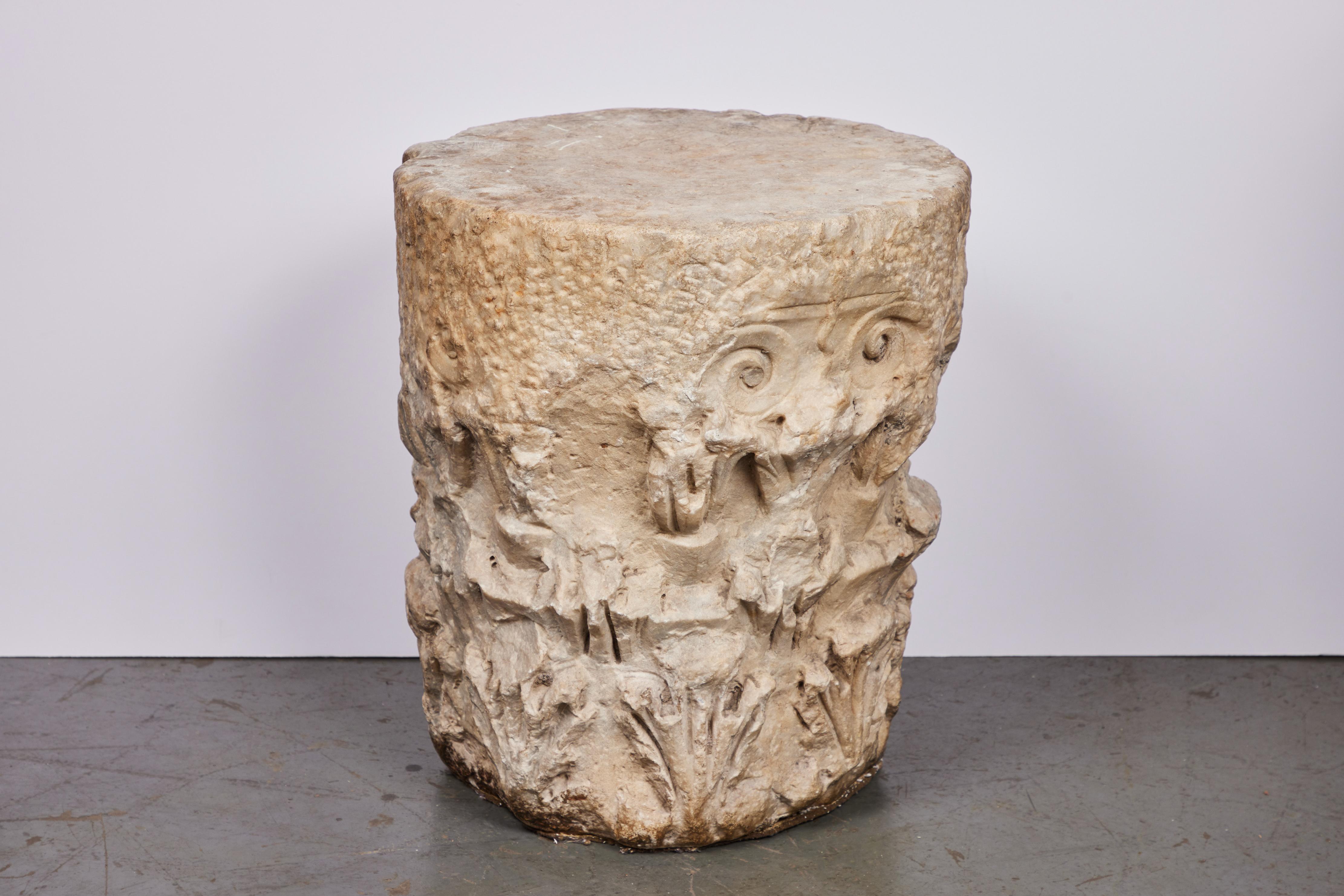 Rare Roman Carrara marble column capital with relief carving. Natural loss of pattern in areas consistent with age. Italy. Circa 13th century.