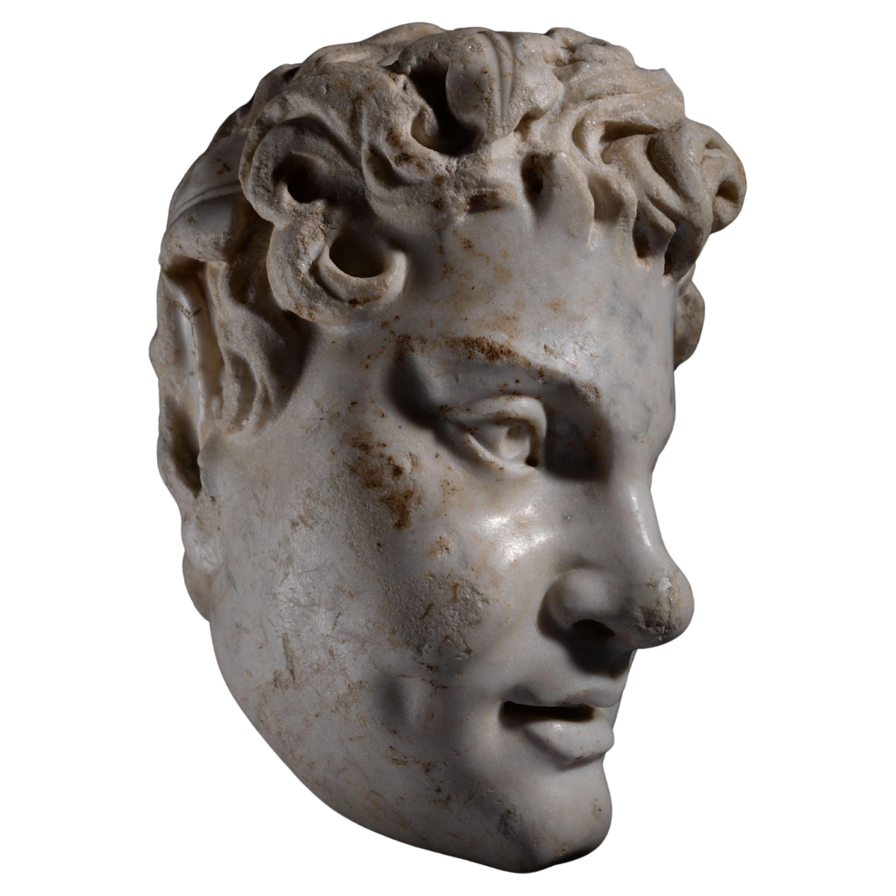 Roman Marble Head of a Satyr For Sale