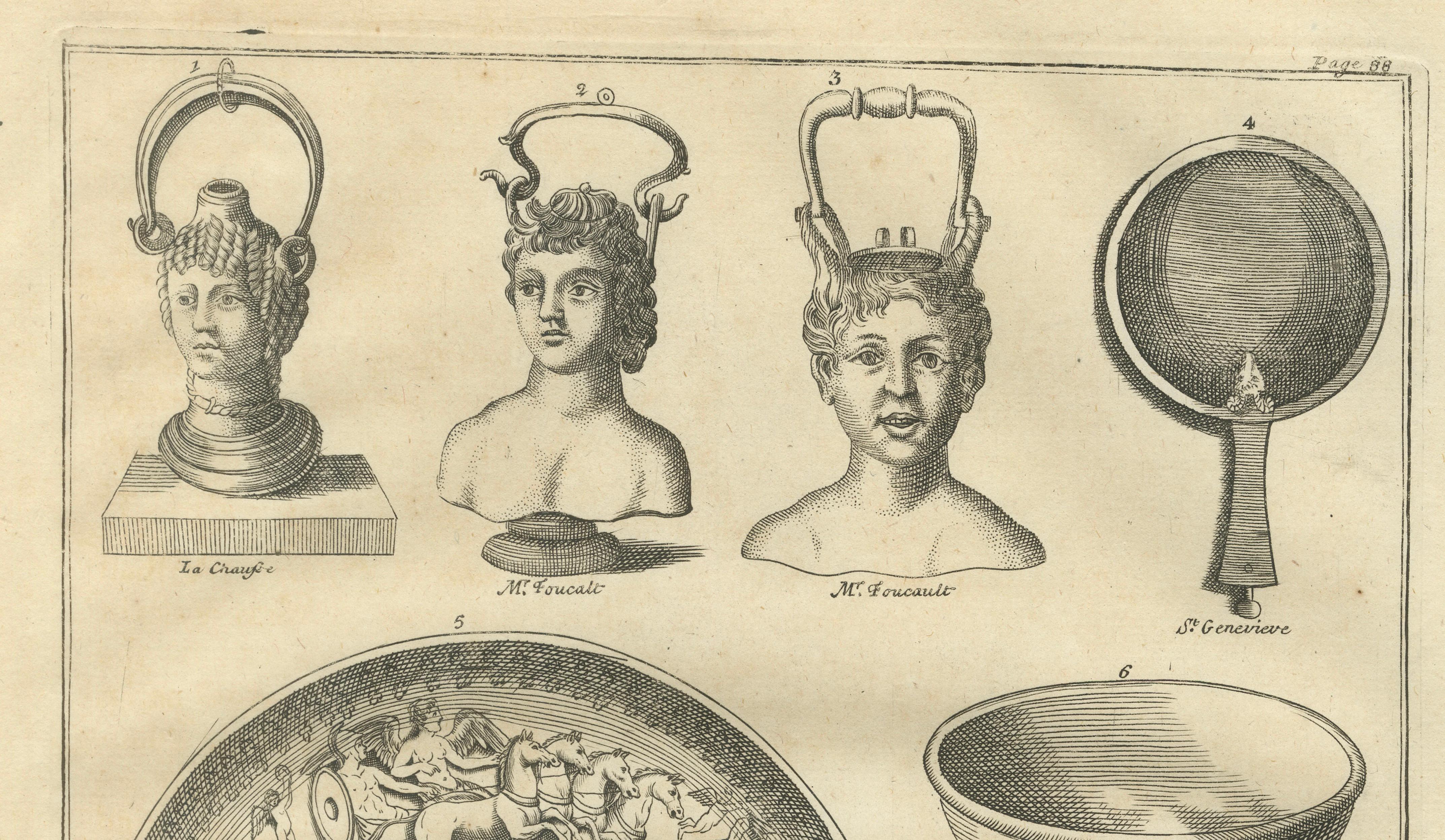 Roman Mirrors, Vessels & Mythological Antiquities Engraving, 1721