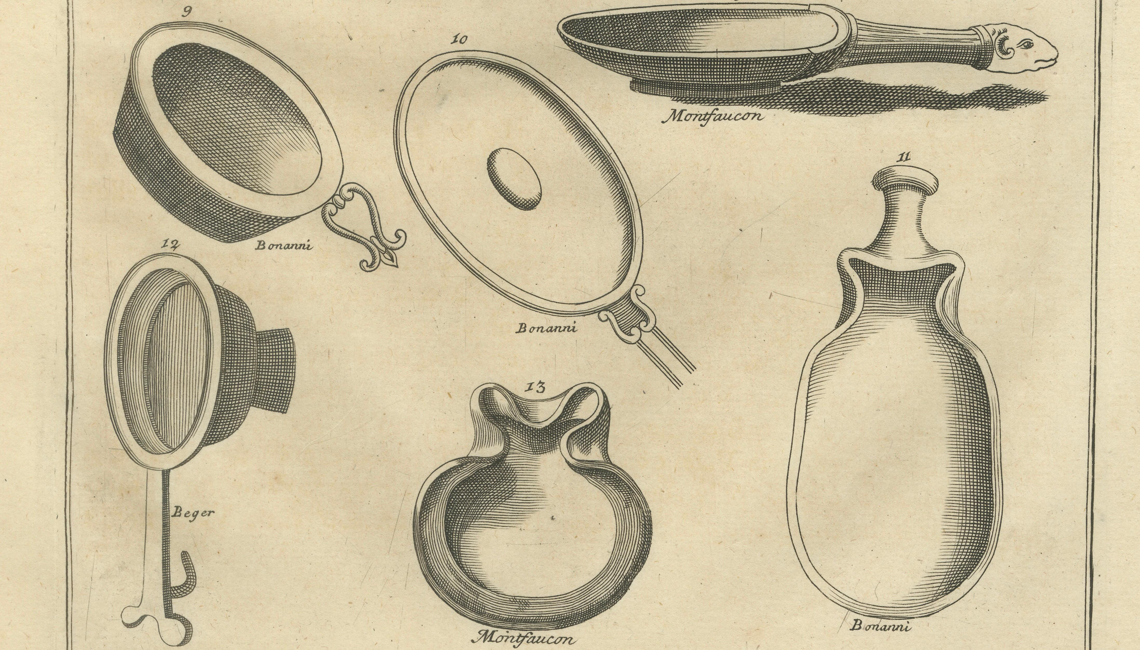 Roman Mirrors, Vessels & Mythological Antiquities Engraving, 1721