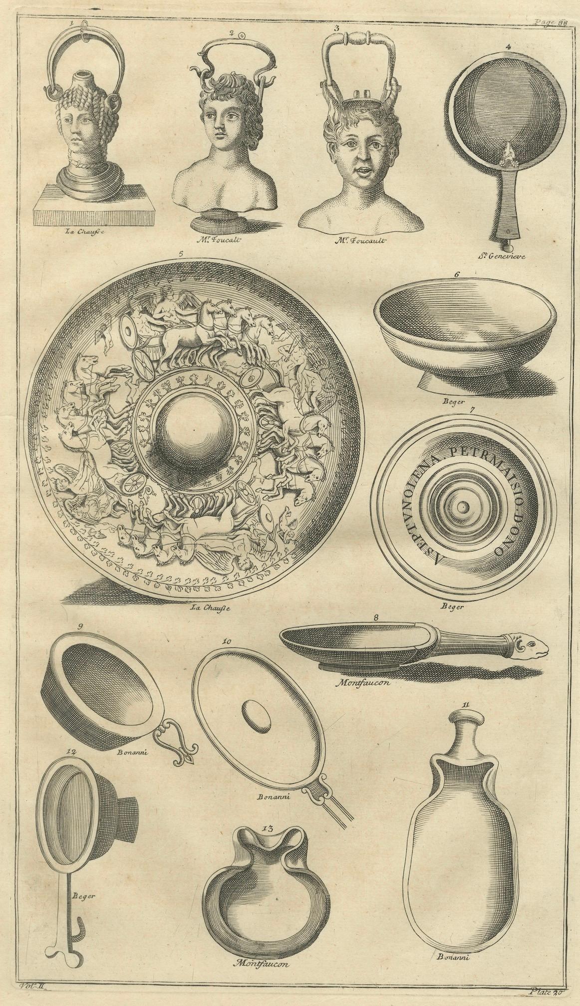 Roman Mirrors, Vessels & Mythological Antiquities Engraving, 1721