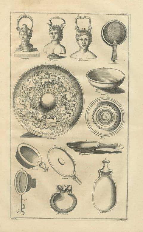 Roman Mirrors, Vessels & Mythological Antiquities Engraving, 1721