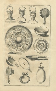 Grabado de espejos romanos, vasijas y antigüedades mitológicas, 1721