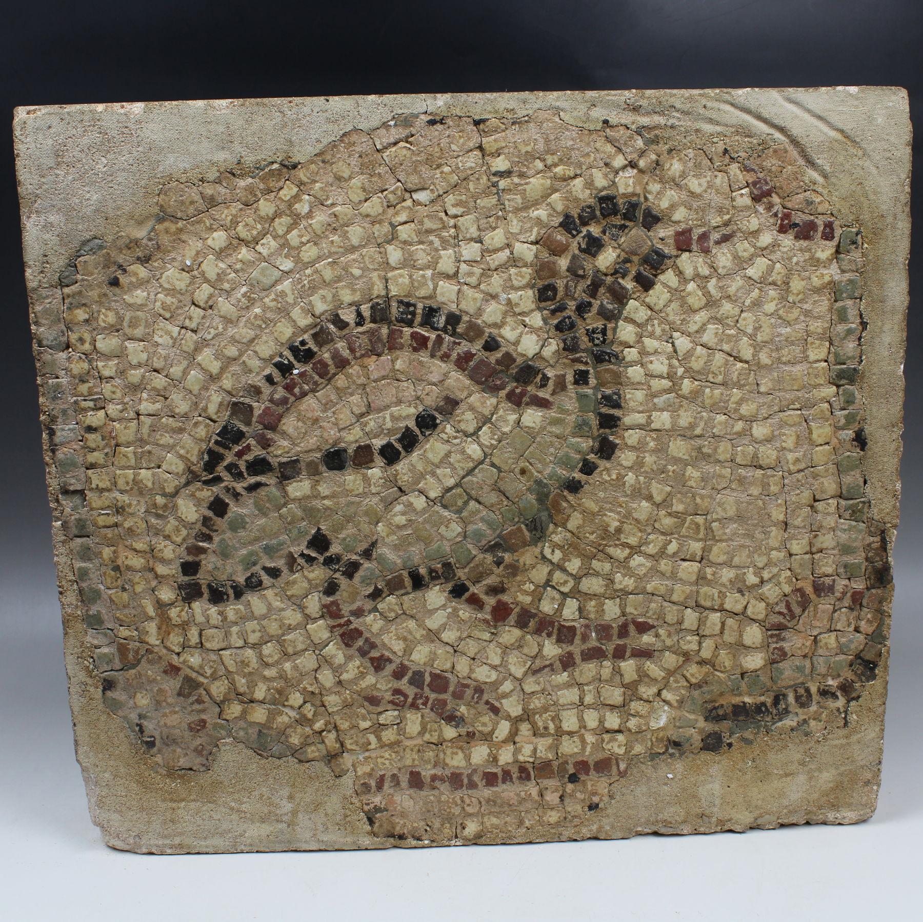 ITEM: Mosaic depicting a bird
MATERIAL: Tesserae
CULTURE: Roman
PERIOD: 3rd Century A.D
DIMENSIONS: 400 mm x 440 mm x 40 mm
CONDITION: Good condition
PROVENANCE: Ex Swiss private collection, E.O., Geneve, acquired before 1990s

Comes with