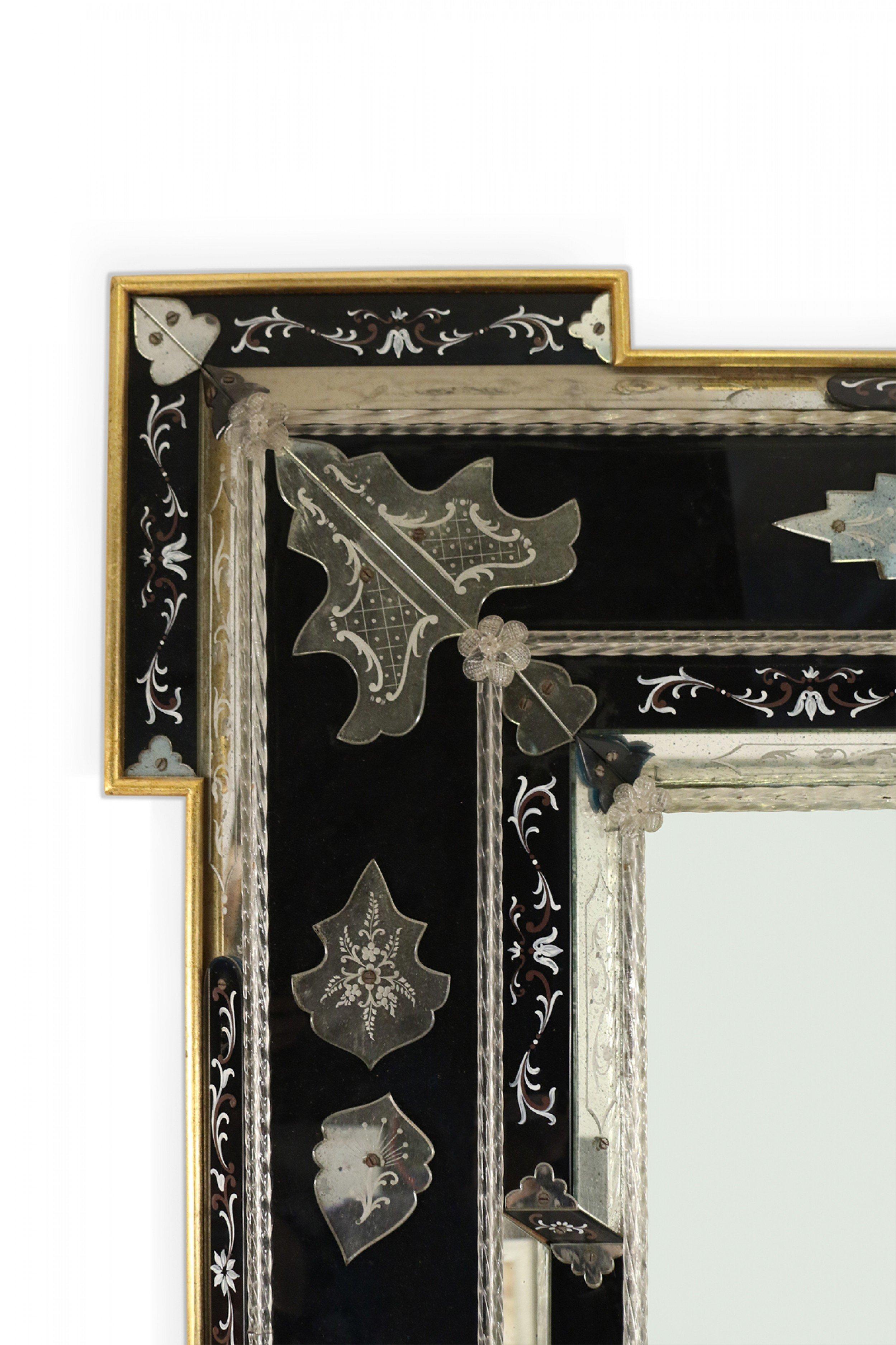 Monumental Italian Venetian-style (20th Century) rectangular wall mirror with applied etched Roman neoclassic (4) oval panels and scroll trim over dark blue glass sections with painted scroll design and giltwood edge.