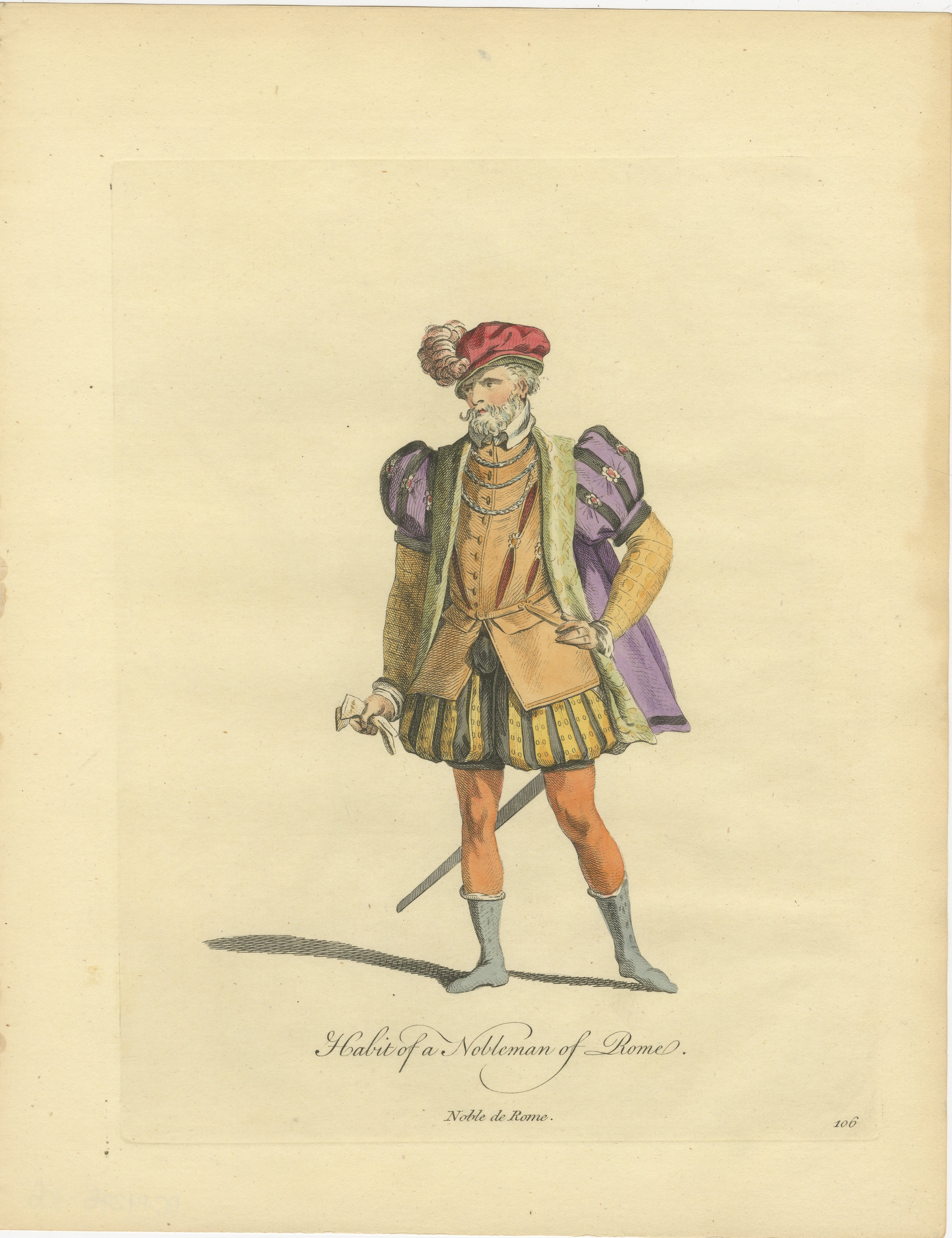 Roman Nobleman Costume Engraving, Renaissance Court Dress, Hand-Colored, 1749