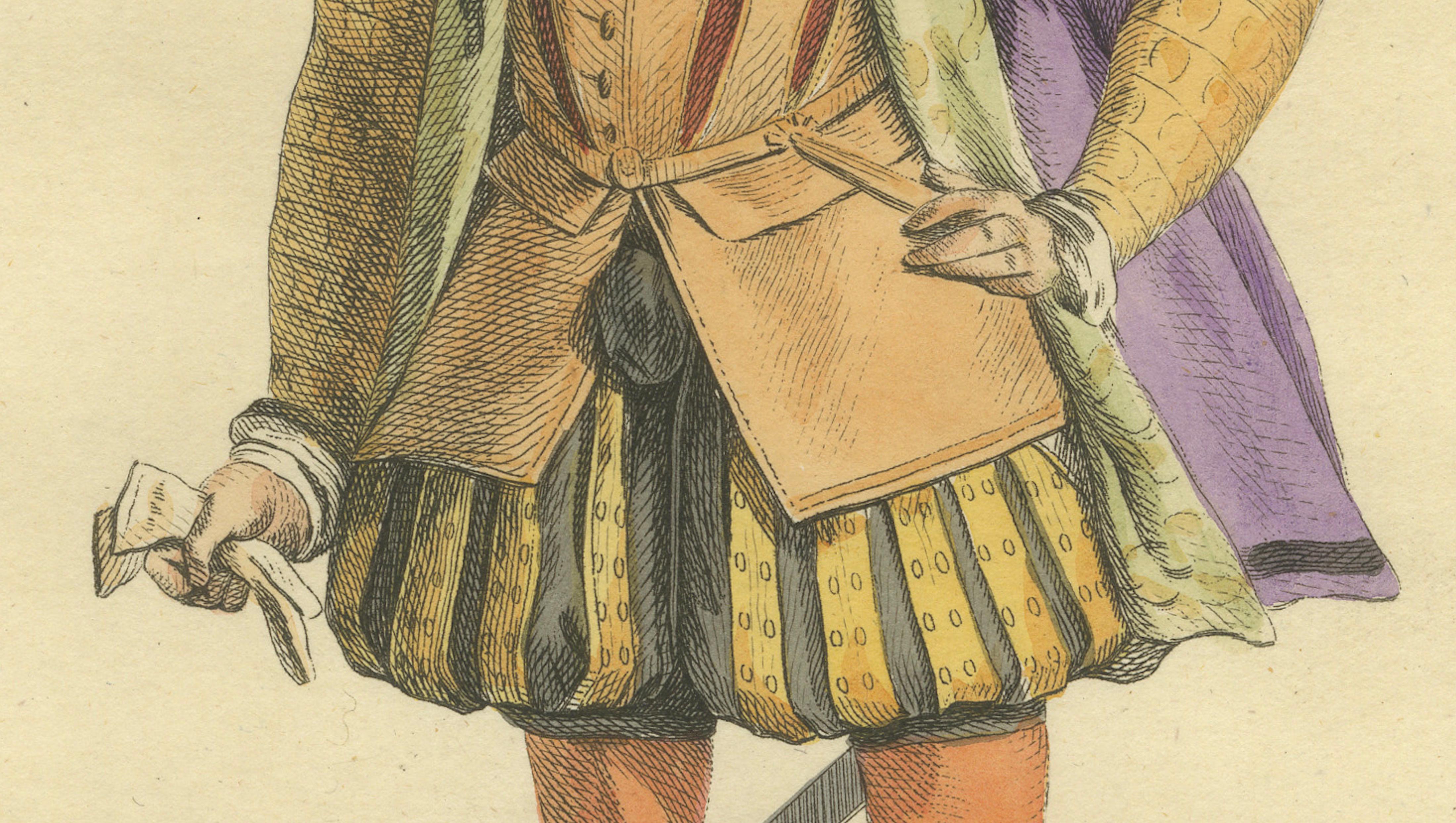 Roman Nobleman Costume Engraving, Renaissance Court Dress, Hand-Colored, 1749