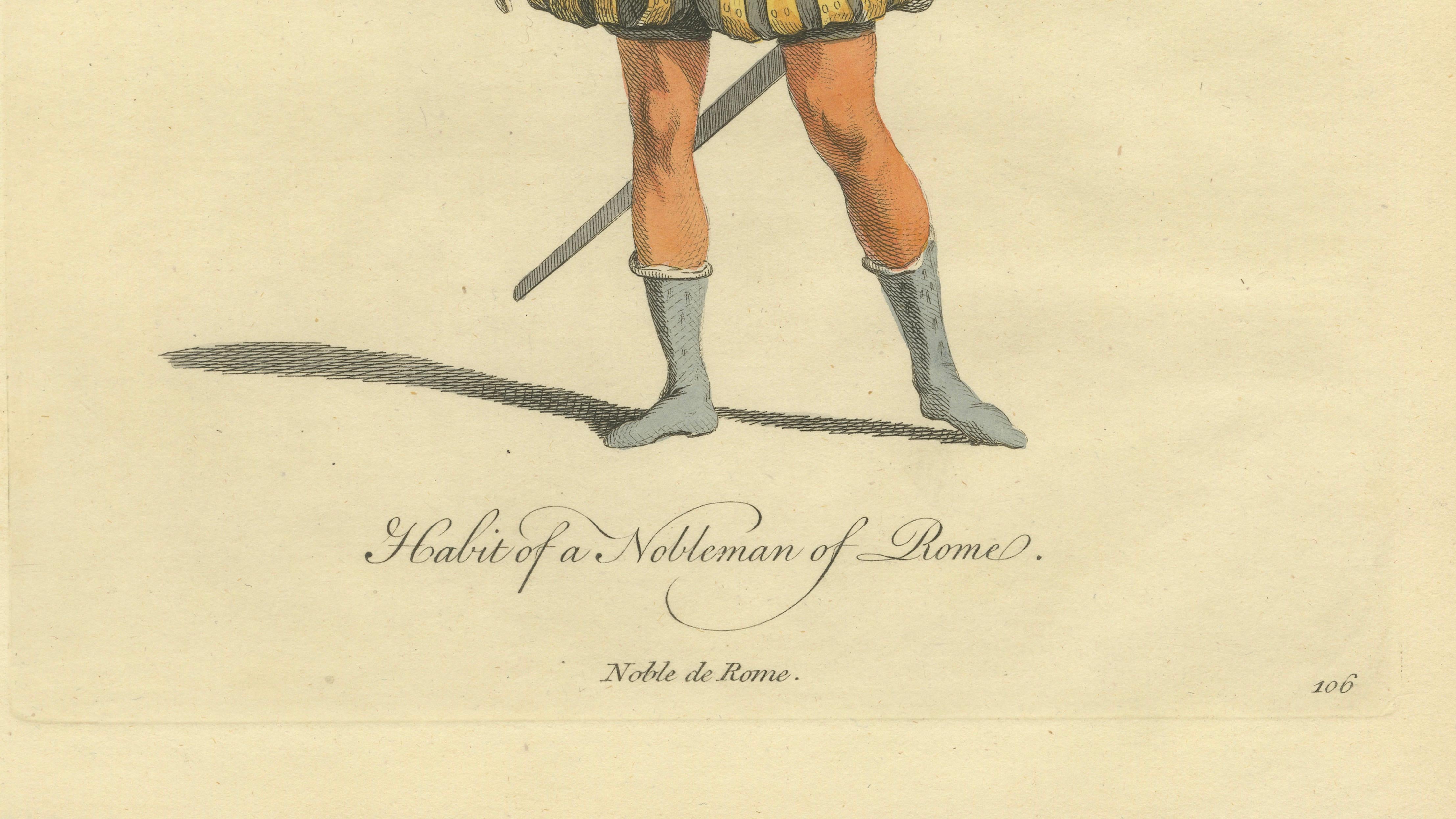 Roman Nobleman Costume Engraving, Renaissance Court Dress, Hand-Colored, 1749