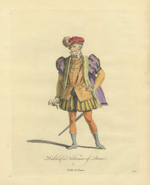 Roman Nobleman Costume Engraving, Renaissance Court Dress, Hand-Colored, 1749