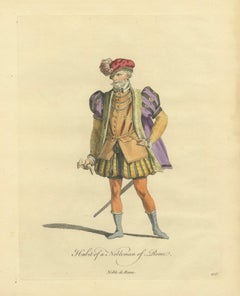 Roman Nobleman Costume Engraving, Renaissance Court Dress, Hand-Colored, 1749