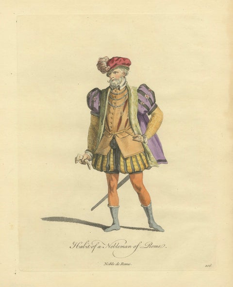 Roman Nobleman Costume Engraving, Renaissance Court Dress, Hand-Colored, 1749