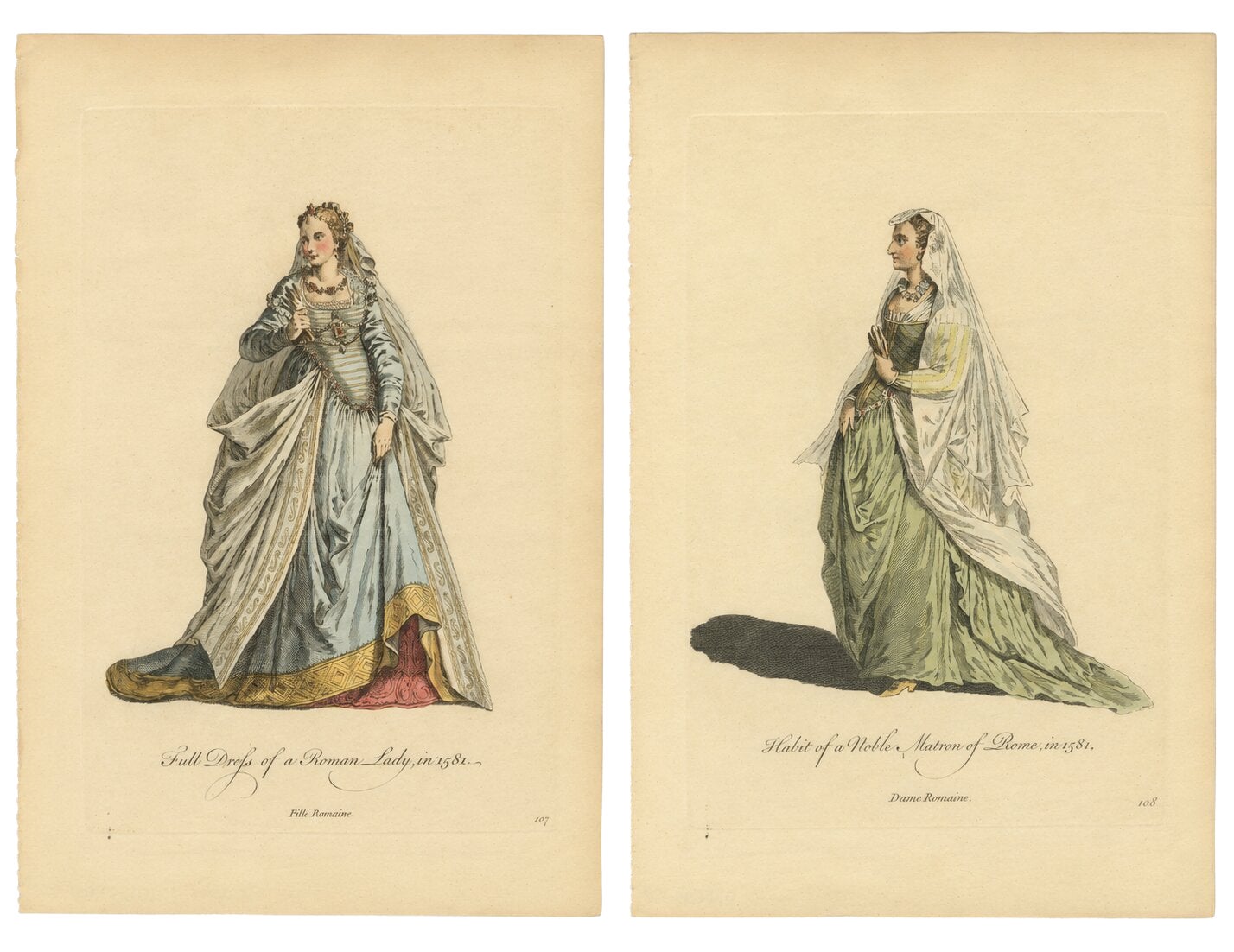 Roman Noblewomen Costume Engravings, Hand-Colored, Rome 1581- Published 1749