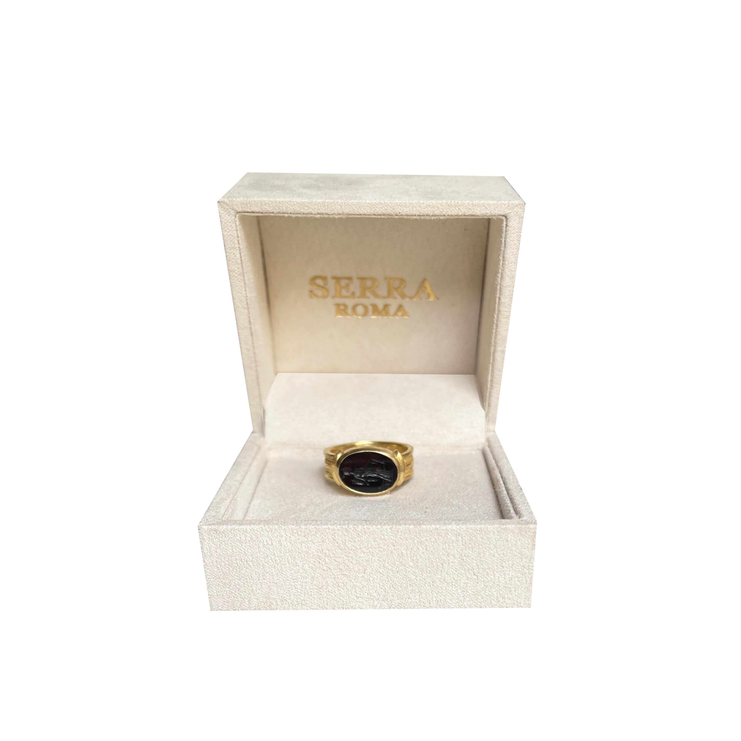 Oval Cut Roman Onyx Intaglio Gold Ring Depicting a Fortune with Horn of Plenty and Rudder