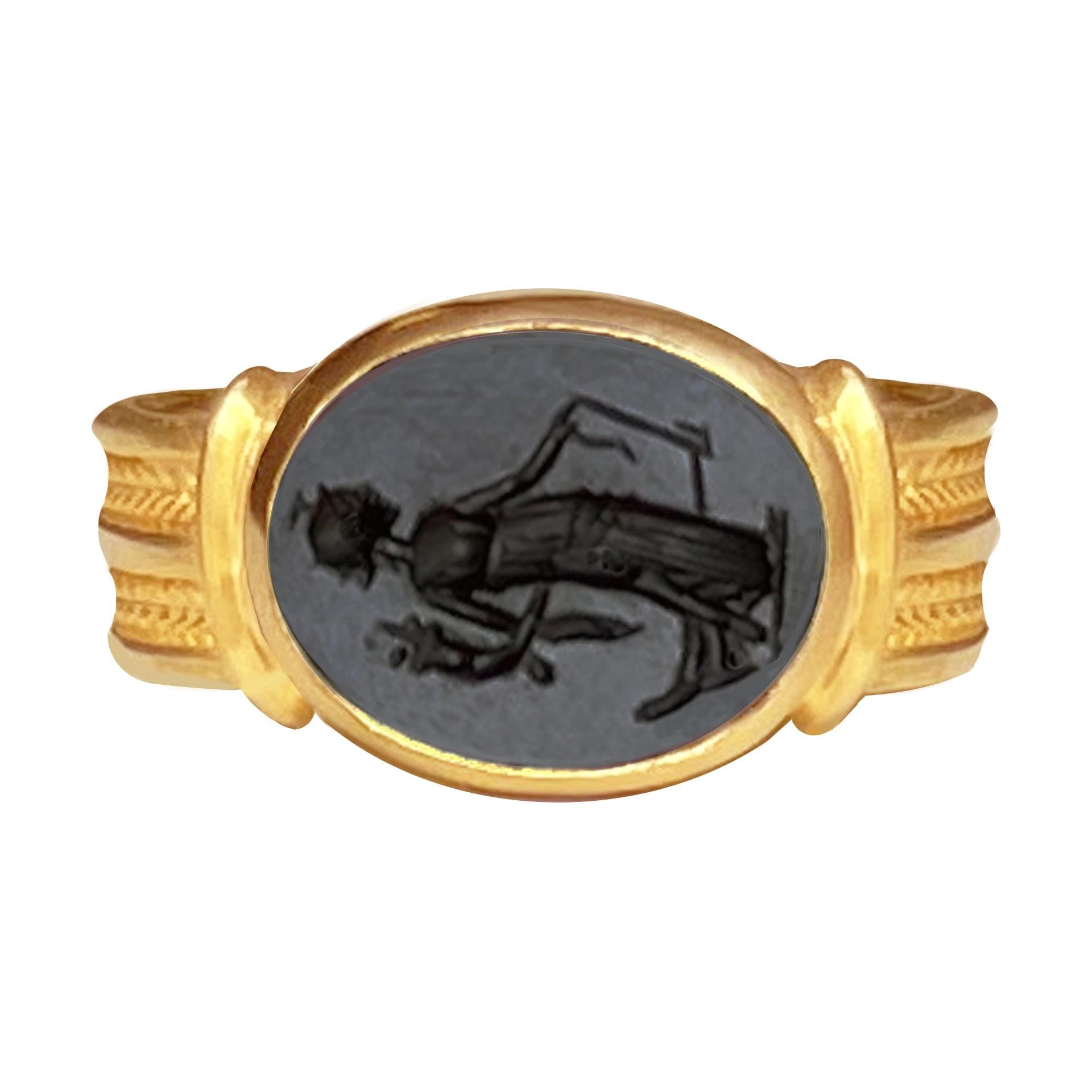 Roman Onyx Intaglio Gold Ring Depicting a Fortune with Horn of Plenty and Rudder