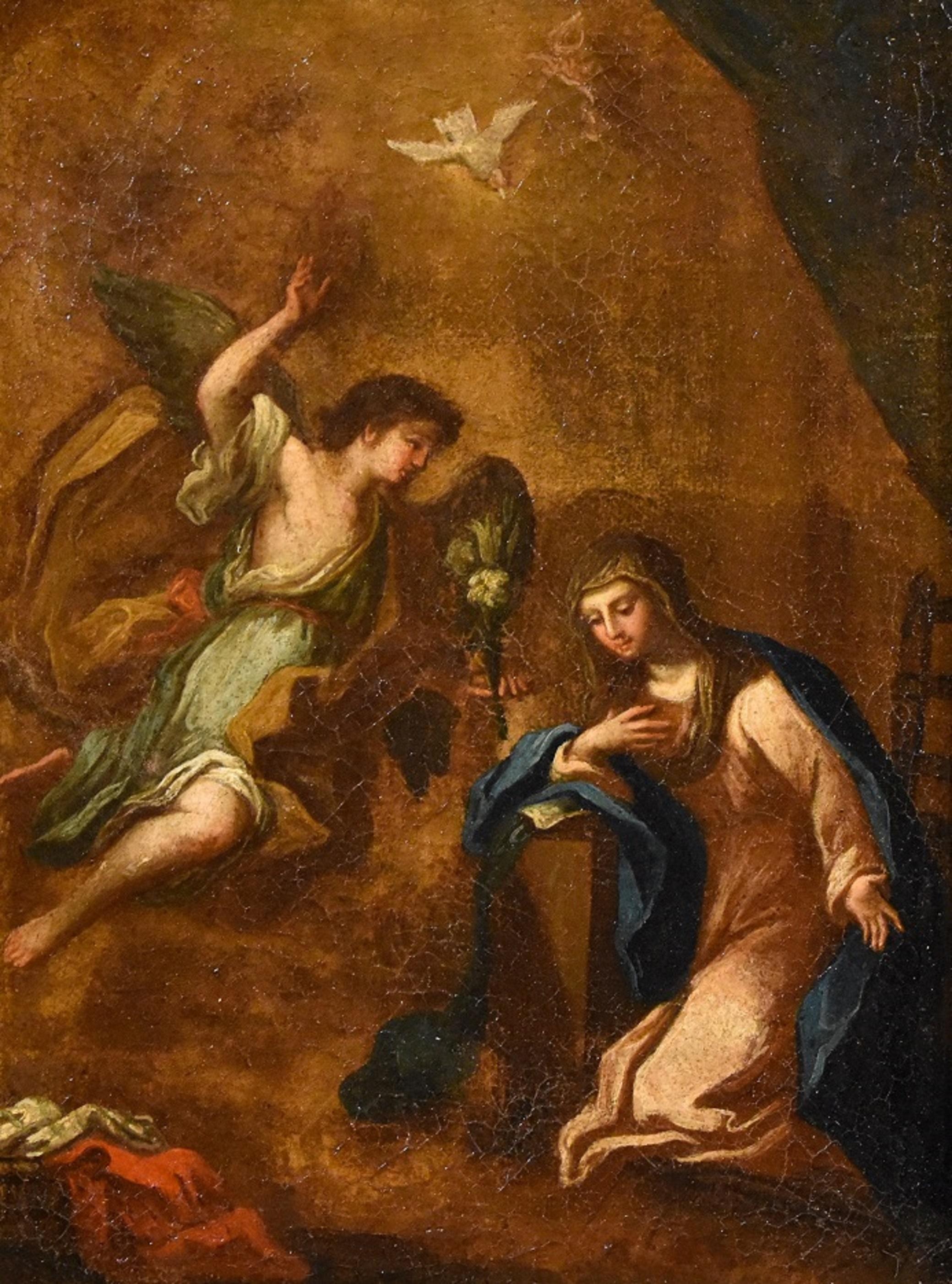 Annunciation 17/18th Century Paint Italian Old master Oil in canvas Religious - Painting by Roman (or Tuscan) painter of the 17th / 18th century