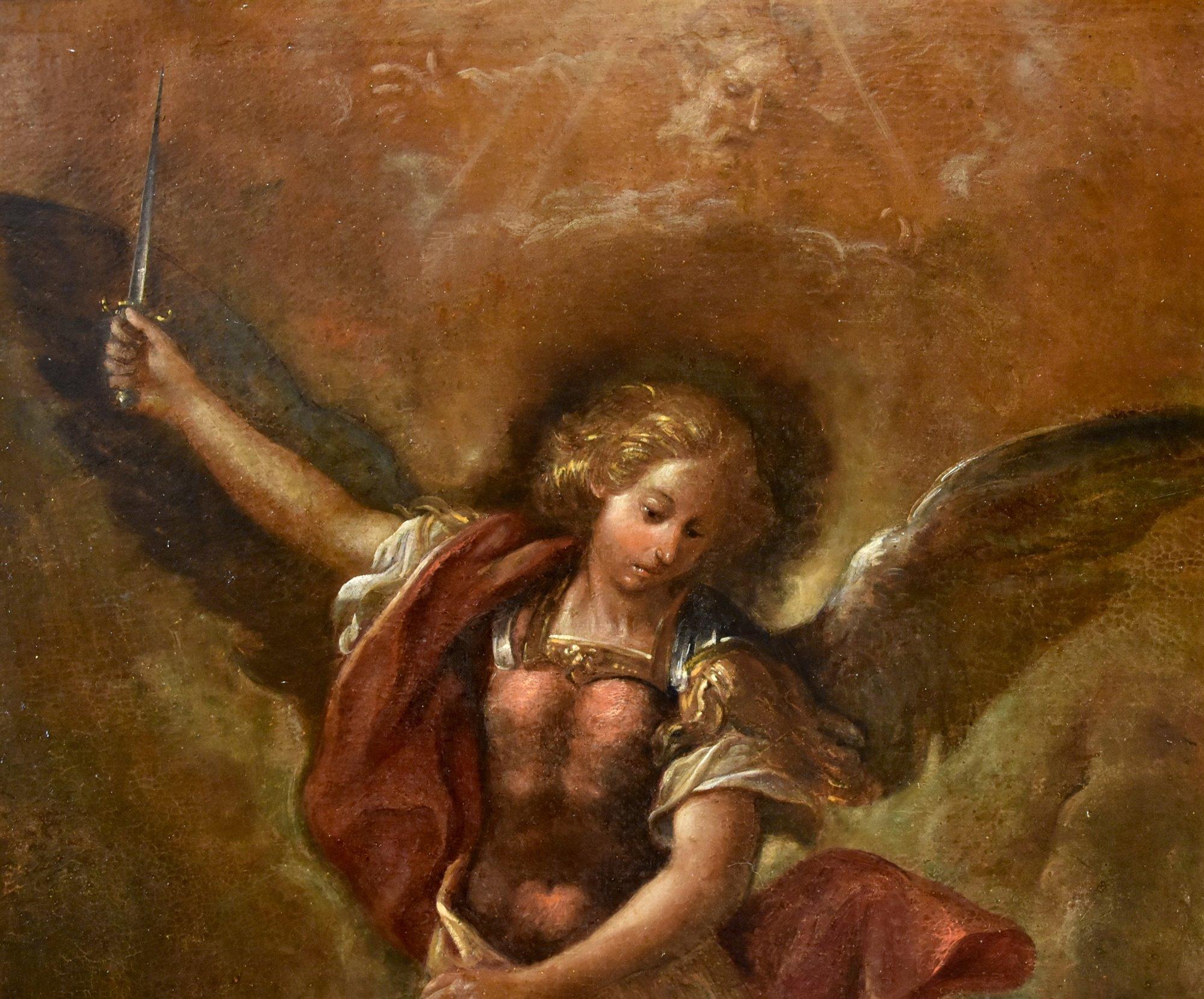 Saint Michael Archangel Roman School 17/18th Century Paint Oil on canvas Italy For Sale 7
