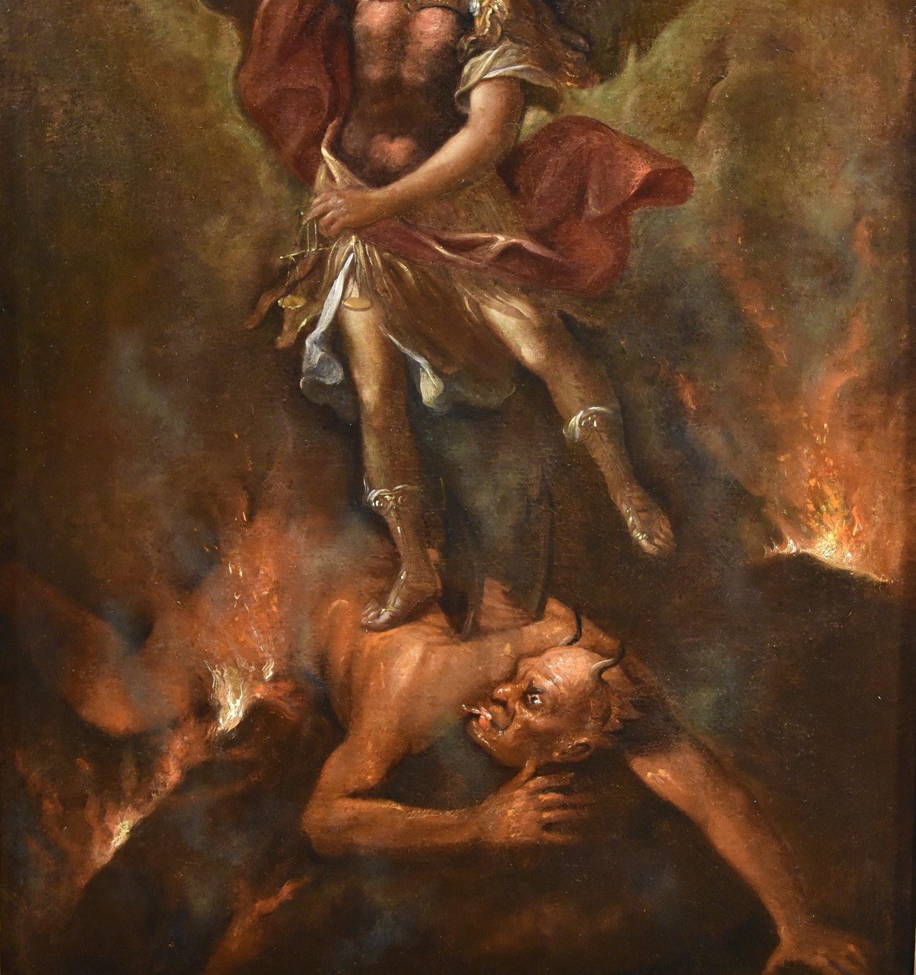 Saint Michael Archangel Roman School 17/18th Century Paint Oil on canvas Italy - Old Masters Painting by Roman Painter, 17th-18th Century