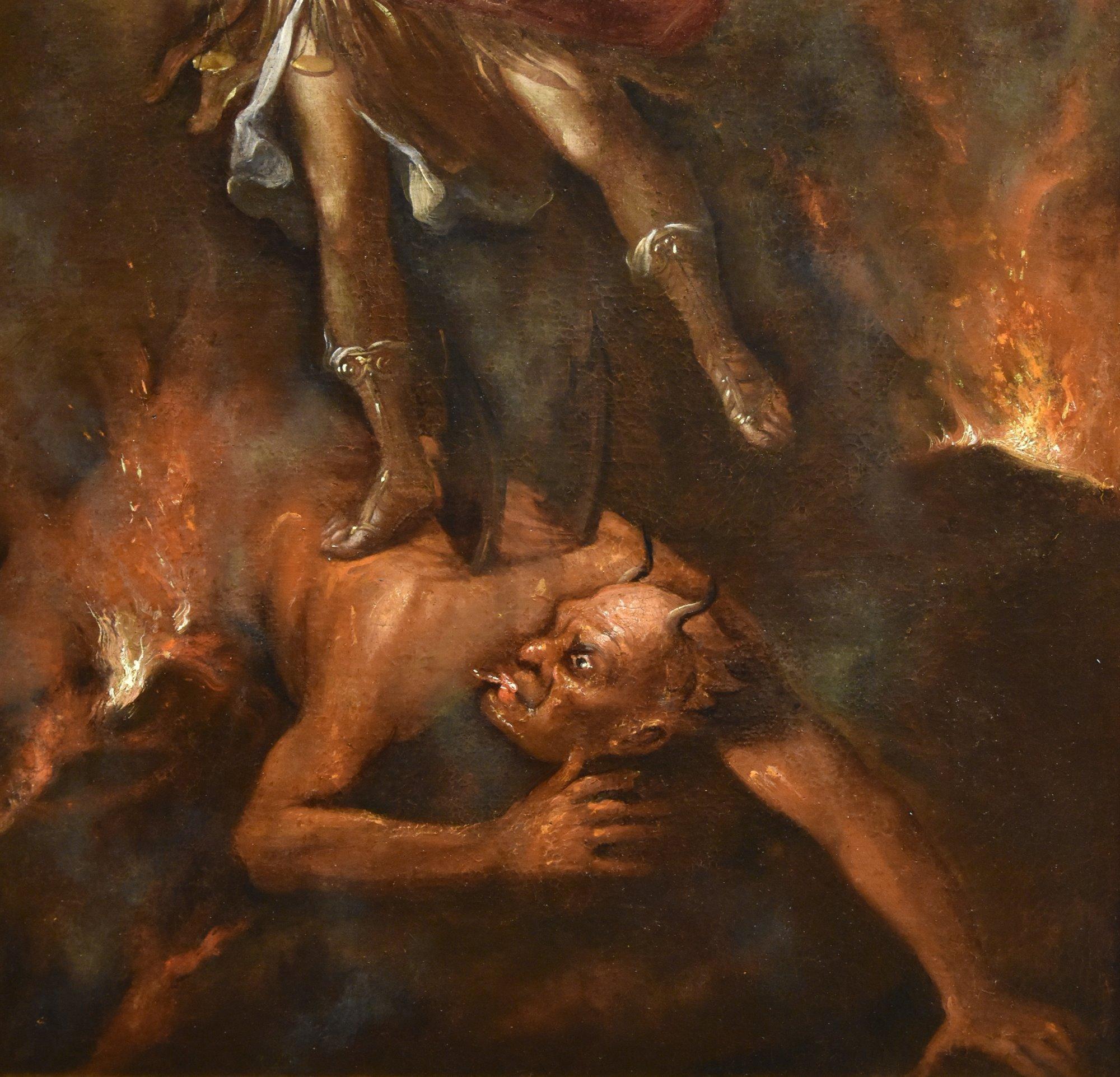 Saint Michael the Archangel Victorious 

Roman painter, 17th-18th century  

Oil on canvas  112 x 74 cm In frame 128 x 91 cm  

This interesting Saint Michael the Archangel subduing the demon is a work of great character by a Roman painter active at