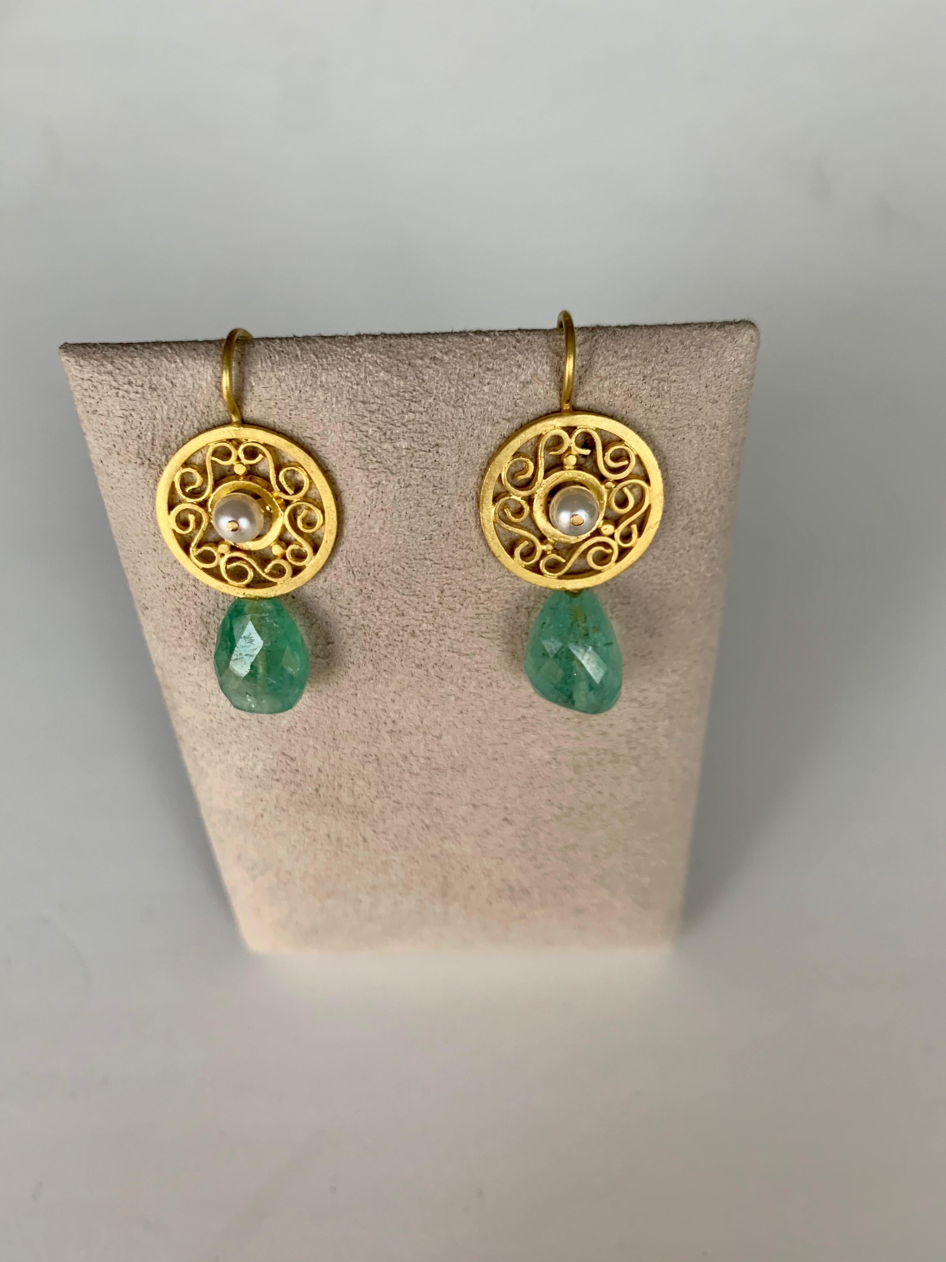 Artisan Roman Pearl, Emerald and 22 Karat Yellow Gold Earrings For Sale