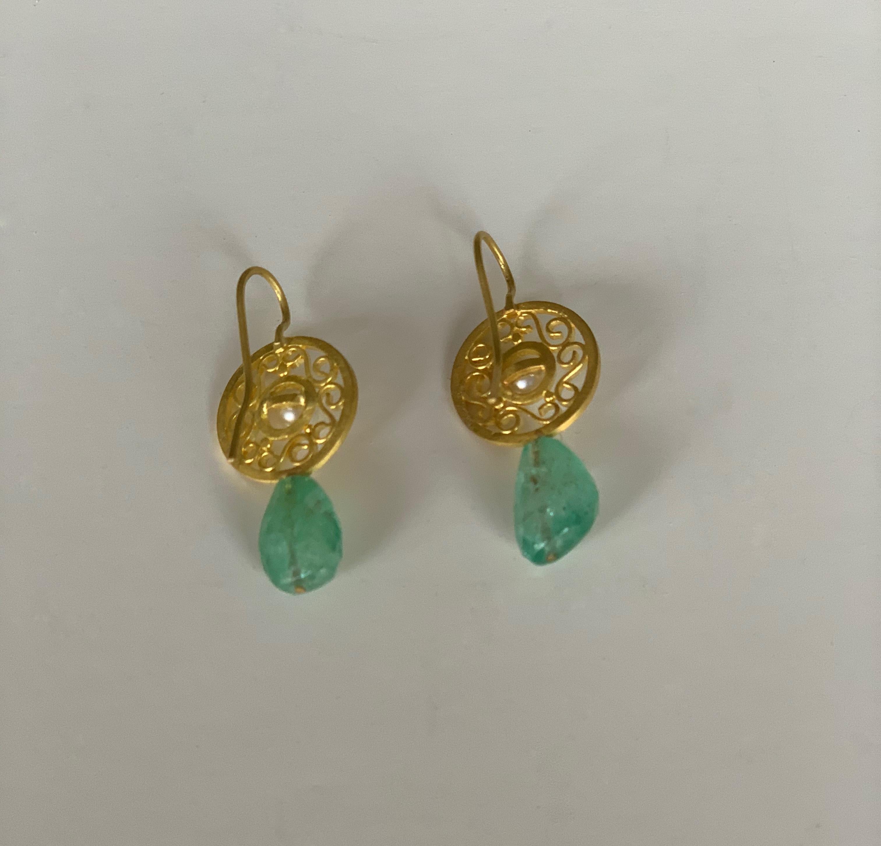 Bead Roman Pearl, Emerald and 22 Karat Yellow Gold Earrings For Sale