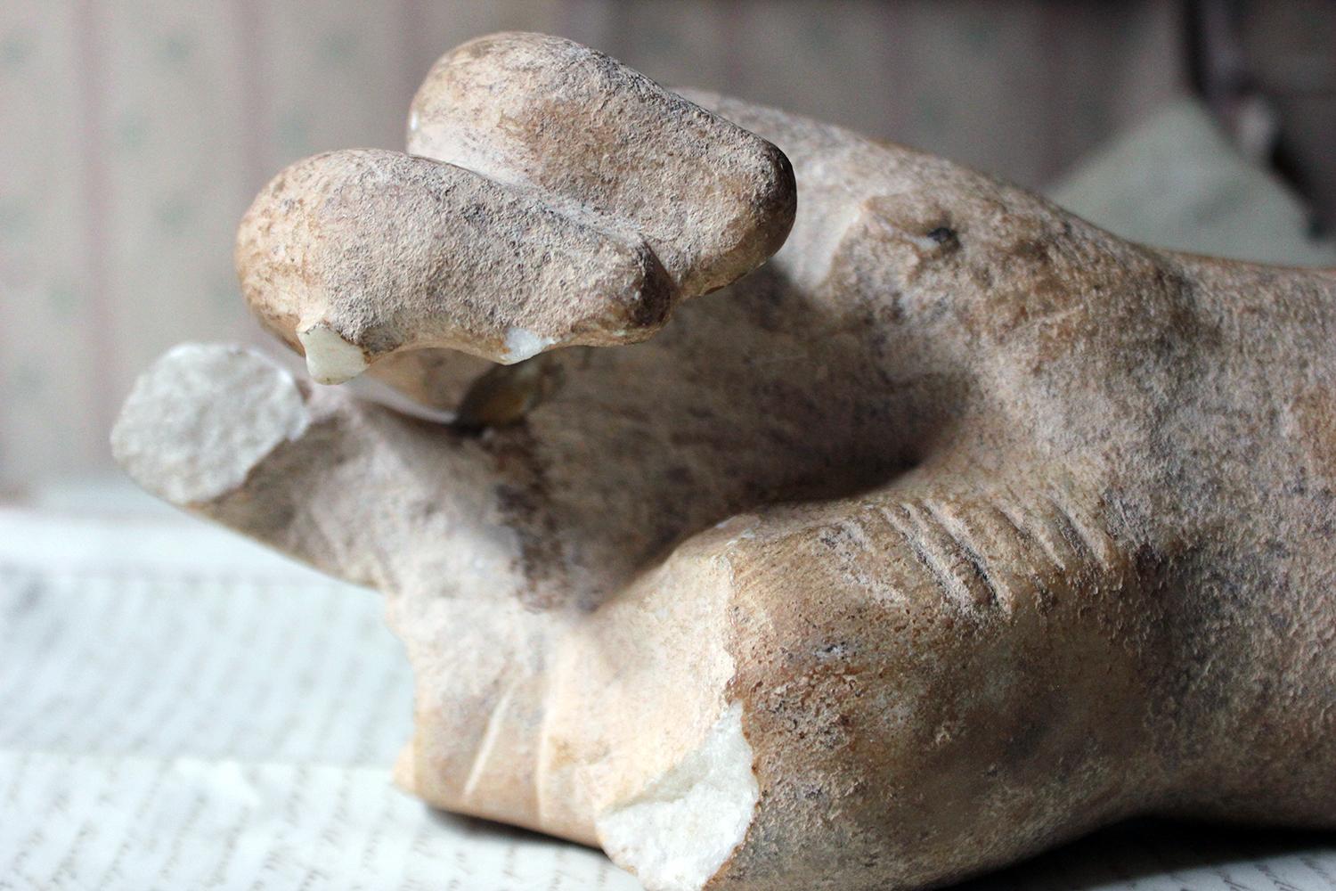 Roman Period Carved Marble Fragment of a Left Hand; circa 150-200 AD In Distressed Condition In Bedford, Bedfordshire