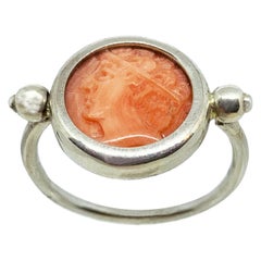 Goddess Demeter Roman '3-4th Century AD' Pink Coral Cameo Sterling Silver Ring