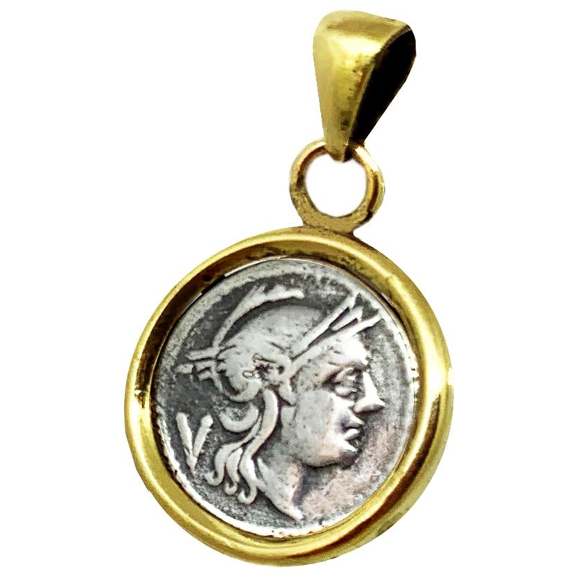 Roman Quinarius Coin 3dt Century BC 18 Kt Gold Pendant Depicting Goddess Rome