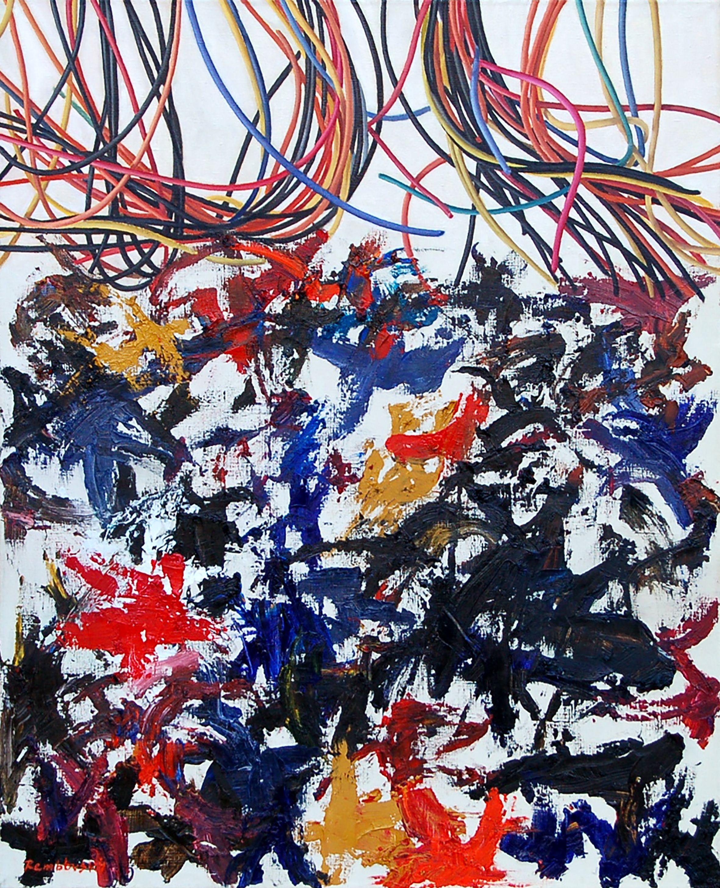 Roman Rembovsky Abstract Painting - Composition with cables, Painting, Oil on Canvas
