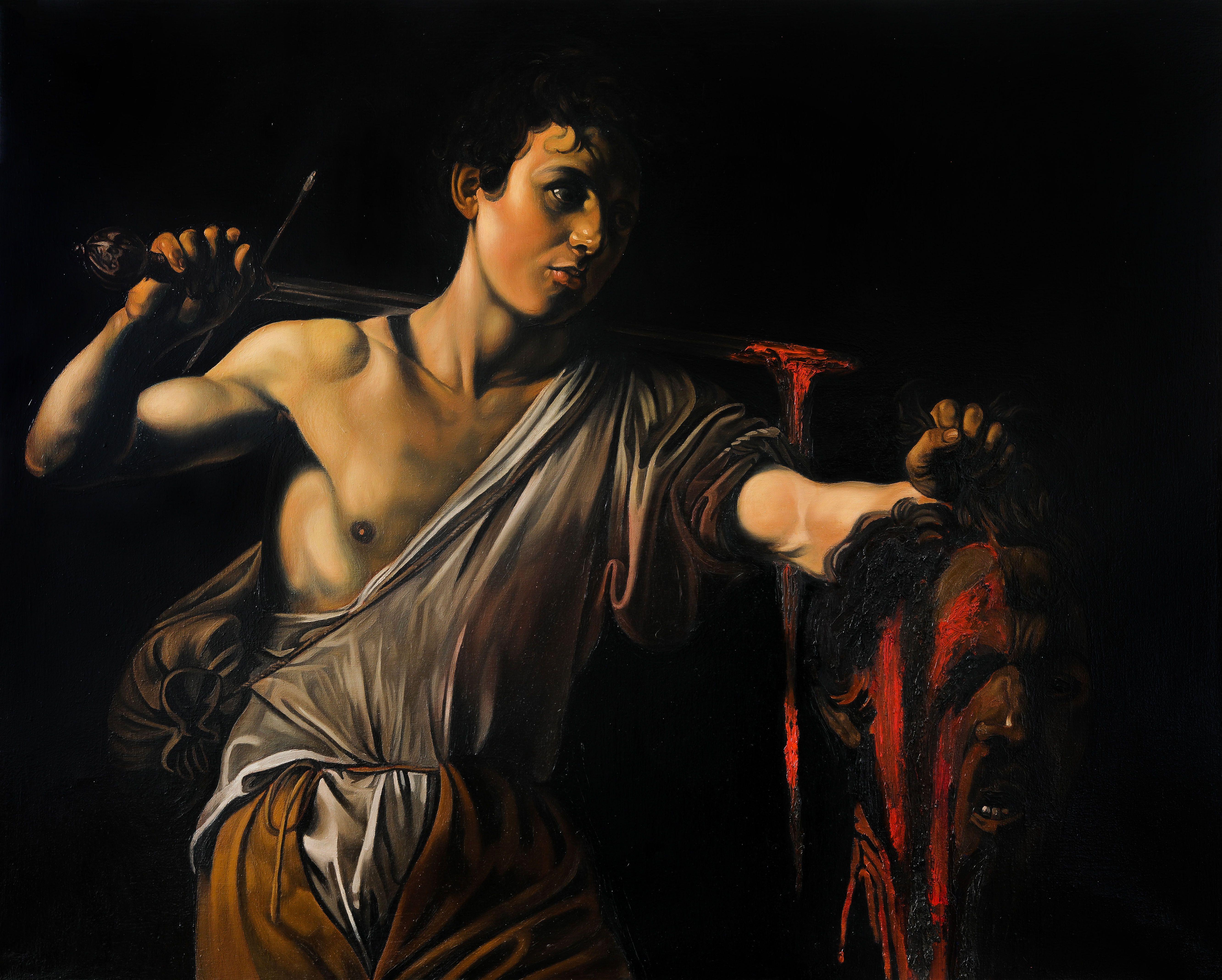 David mit Kopf von Caravaggio, aus dem Heiligen Bildtu, Gemälde, Öl auf Leinwand – Painting von Roman Rembovsky
