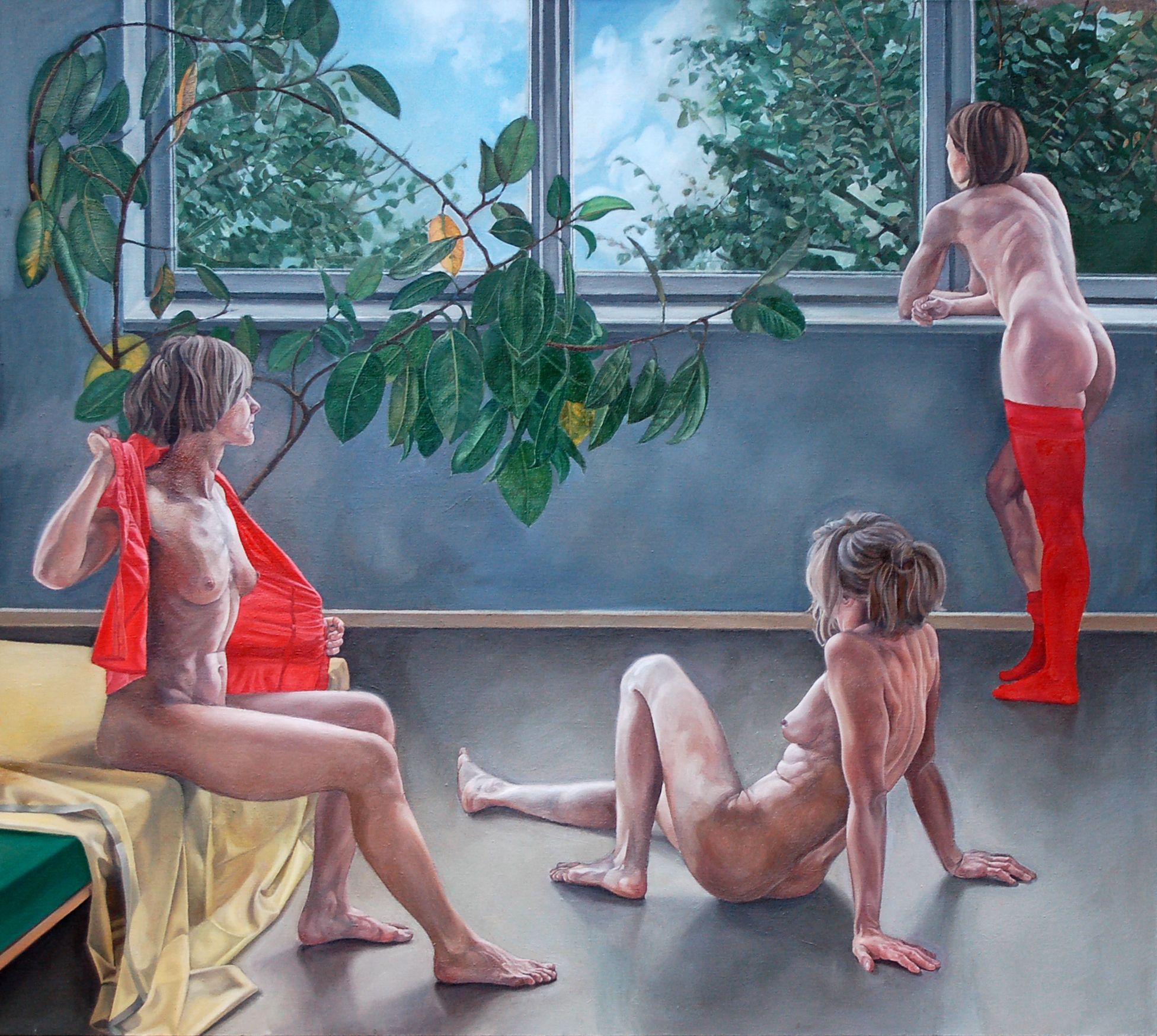 Roman Rembovsky Figurative Painting - In front of the window 2, Painting, Oil on Canvas