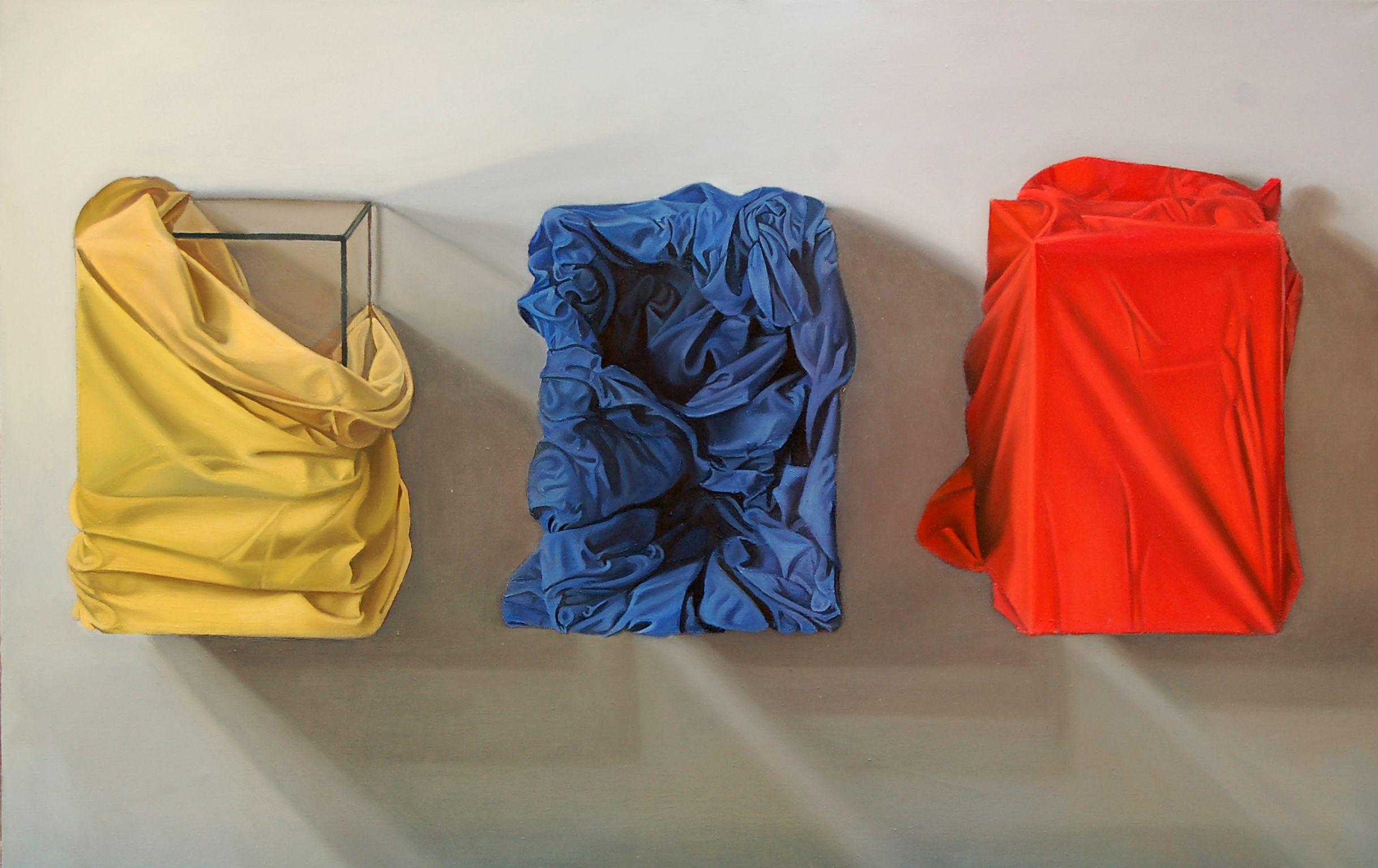Roman Rembovsky Still-Life Painting – Gelb, Blau vs. Rot, Gemälde, Öl auf Leinwand