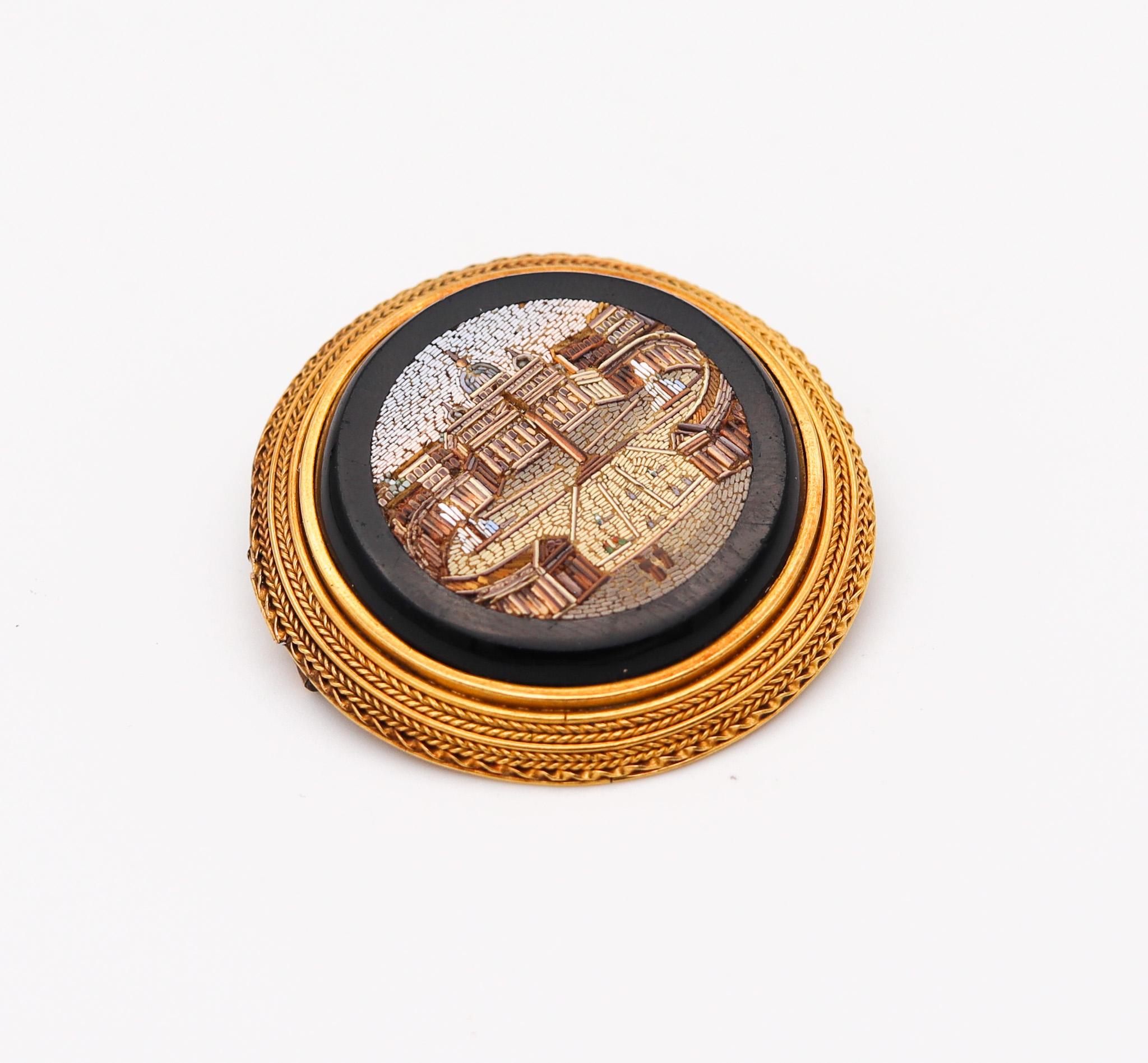 A Roman revival grand tour brooch.

An exceptional historical piece, created in the Victorian Grand Tour era in Rome Italy during the Papal States period, back in the 1850. It was carefully crafted with Roman-Etruscan revival patterns in solid rich