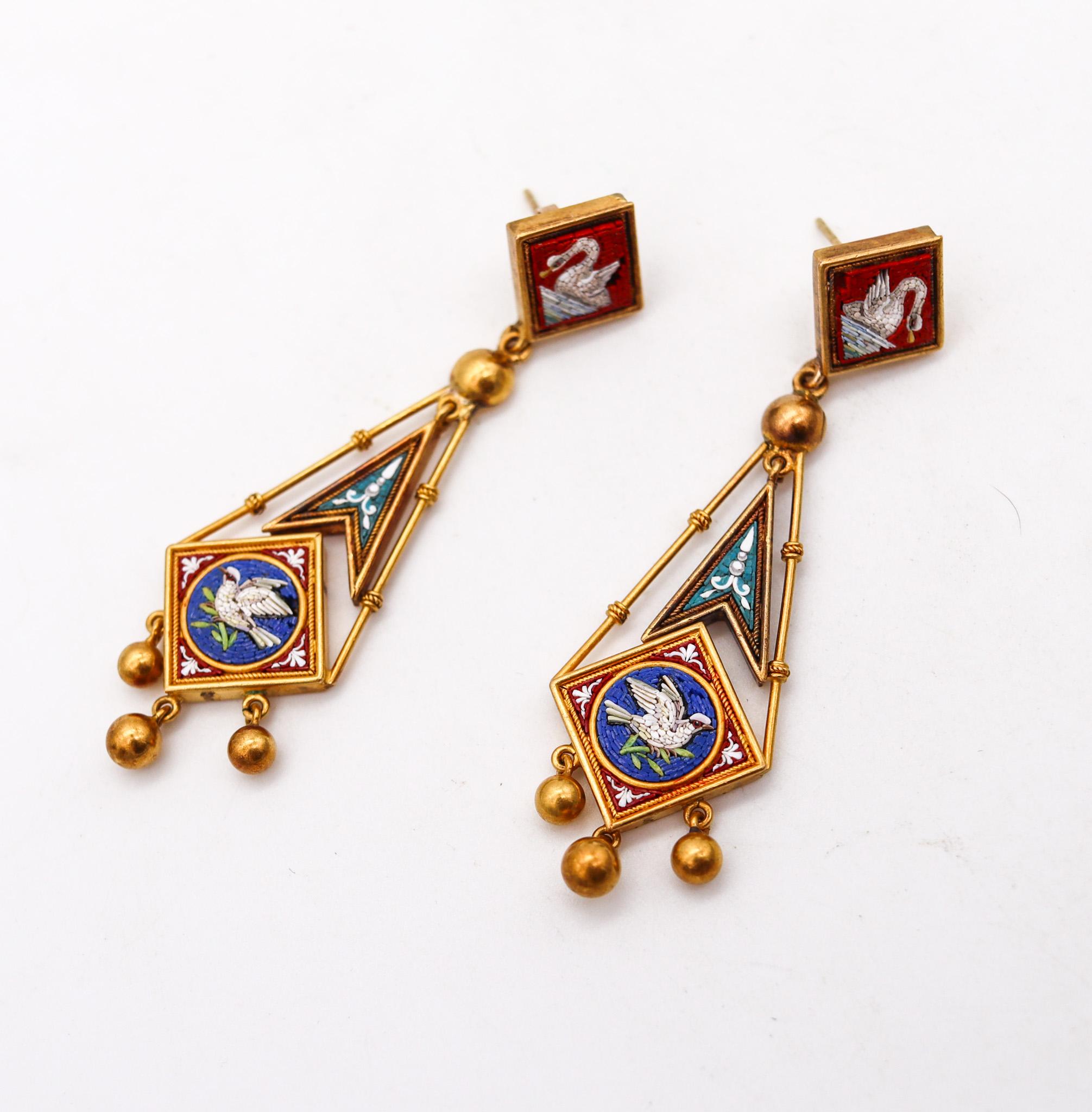 Roman revival grand tour earrings with Swan.

Beautiful historical piece created during the Victorian Grand Tour era, at the Papal States in Rome Italy, back in the 1850. This rare pair of dangle drop earrings was carefully crafted with Roman and