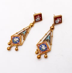 Roman Revival 1850 Papal States Earrings In 18Kt Yellow Gold Swan Micro Mosaic