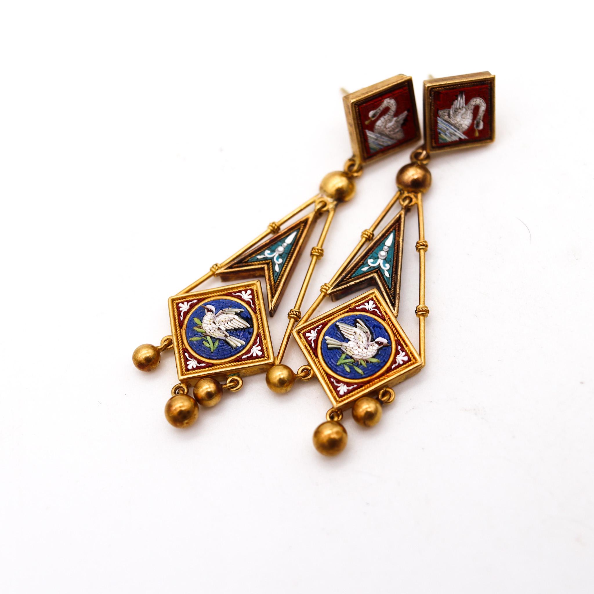 Classical Roman Roman Revival 1850 Papal States Earrings In 18Kt Yellow Gold Swan Micro Mosaic